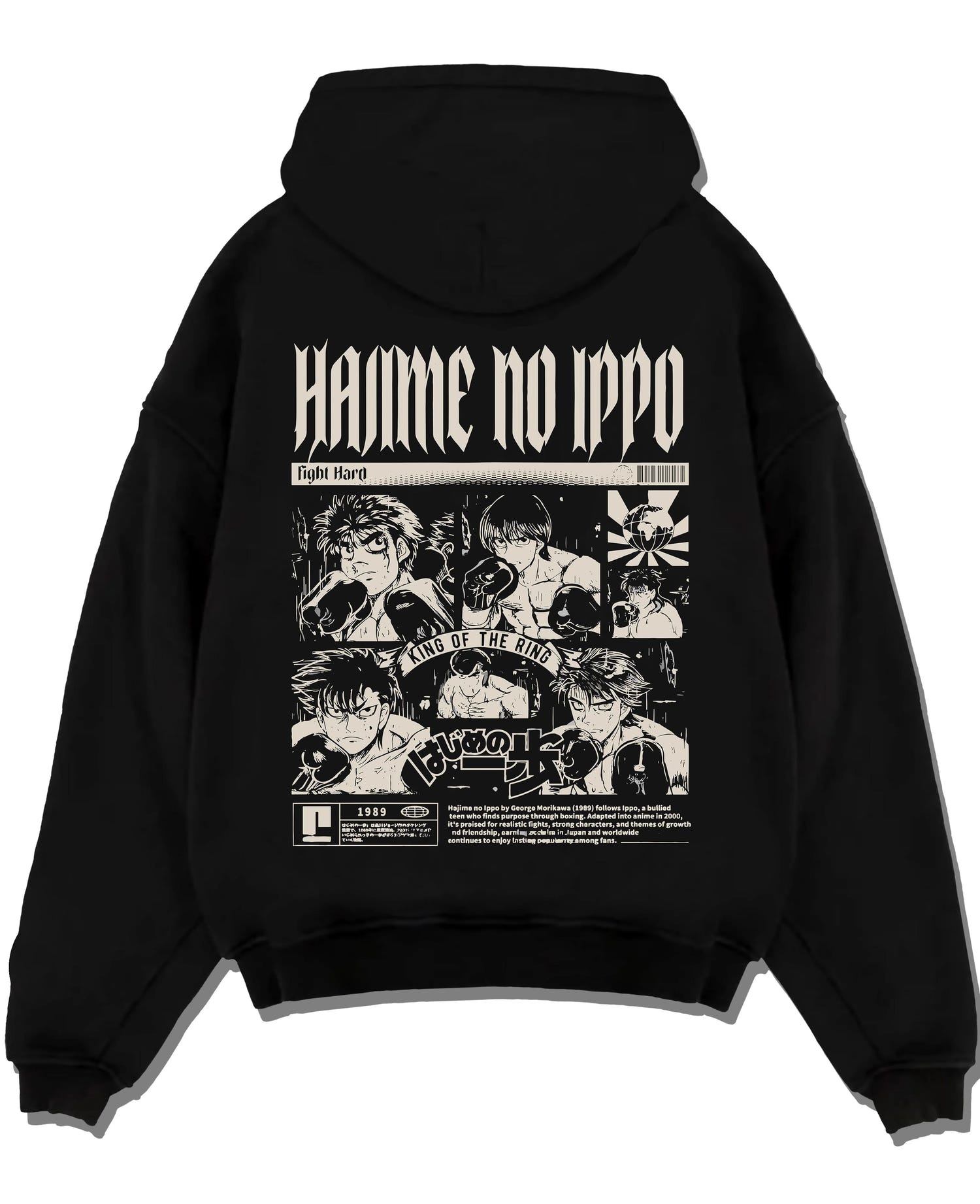 Black pullover hoodie laid flat with Hajime no Ippo Hoodie Ippo Makunouchi Champion Jumper graphic bold anime graphic.