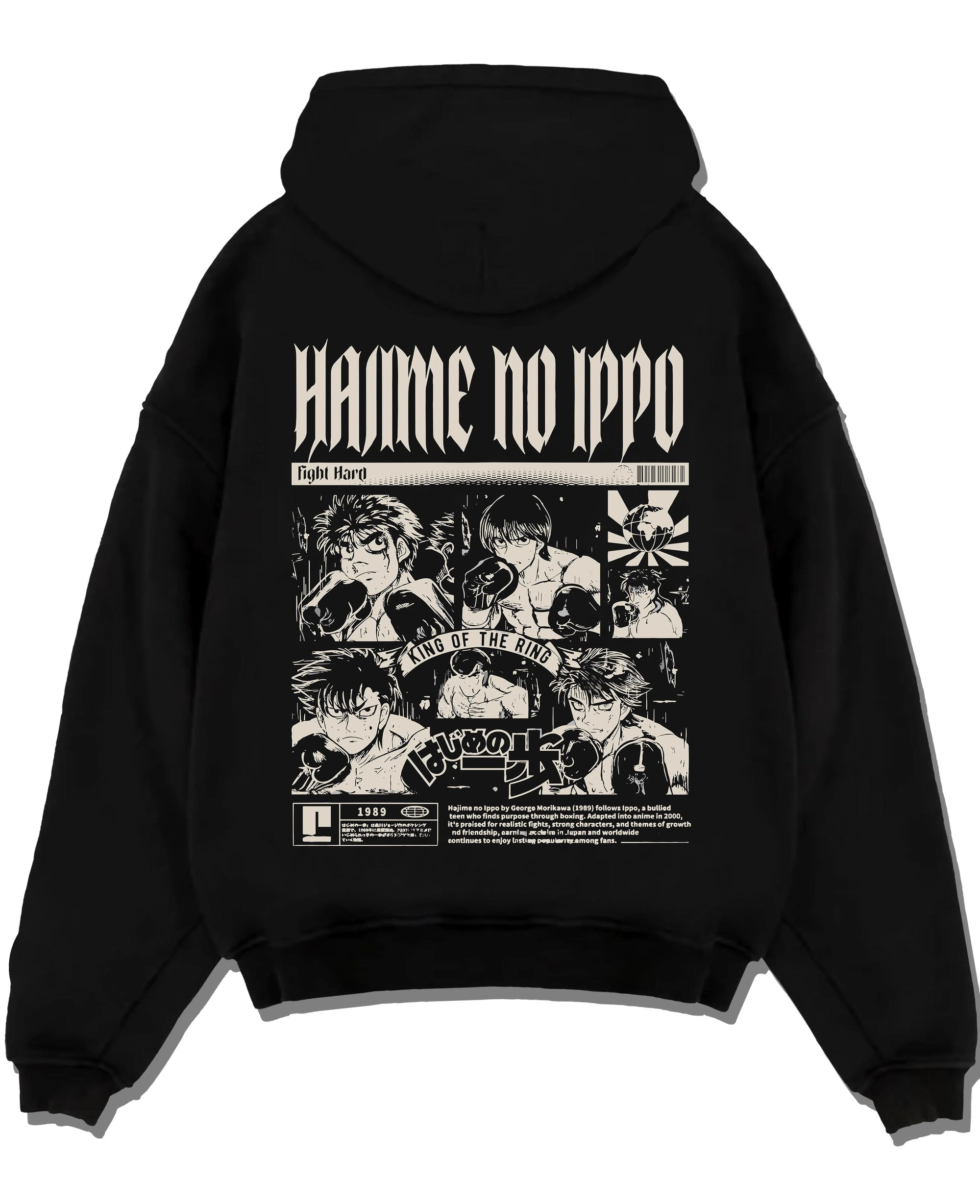 Black pullover hoodie laid flat with Hajime no Ippo Hoodie Ippo Makunouchi Champion Jumper graphic bold anime graphic.