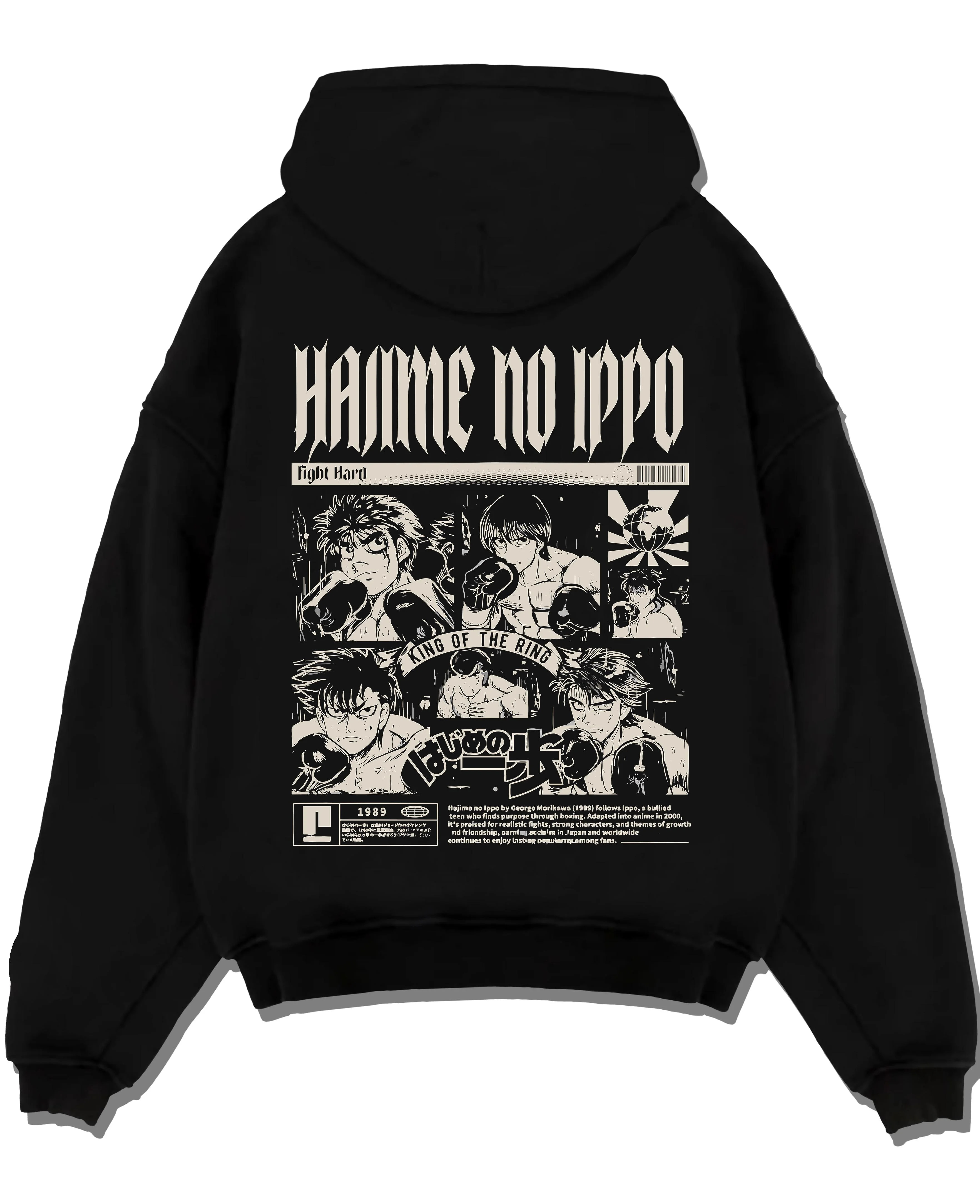 Black pullover hoodie laid flat with Hajime no Ippo Hoodie Ippo Makunouchi Champion Jumper graphic bold anime graphic.