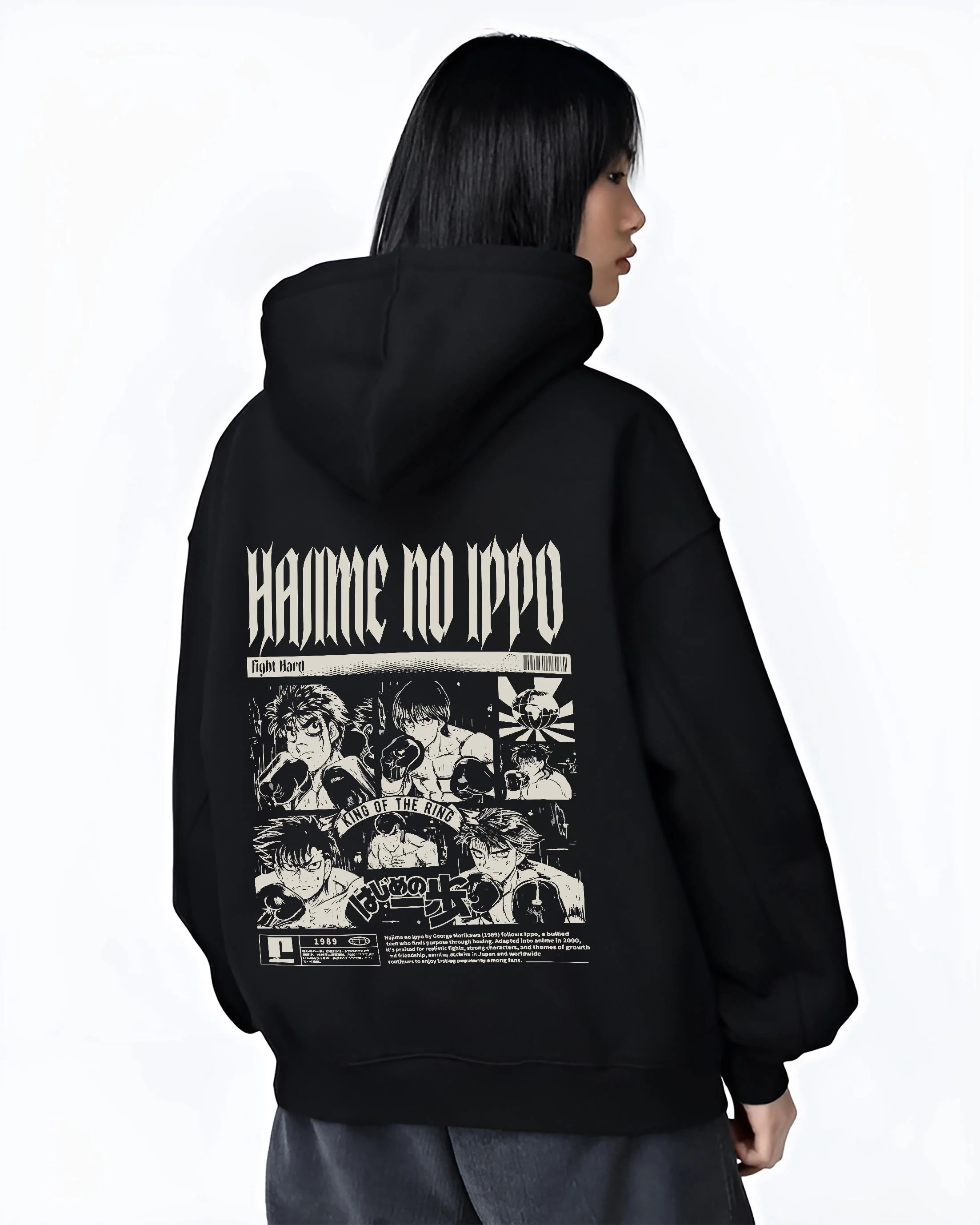 Black hoodie worn by female model, back view with Hajime no Ippo Hoodie Ippo Makunouchi Champion Jumper graphic streetwear graphic.