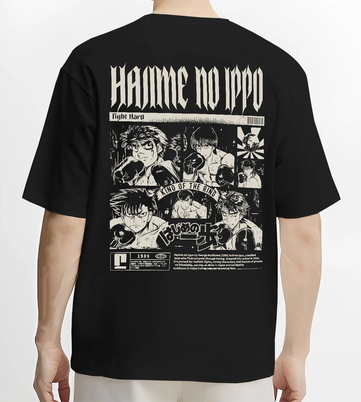 Black T-shirt worn by male model, back view with Hajime no Ippo Hoodie Ippo Makunouchi Champion Jumper graphic bold anime graphic.