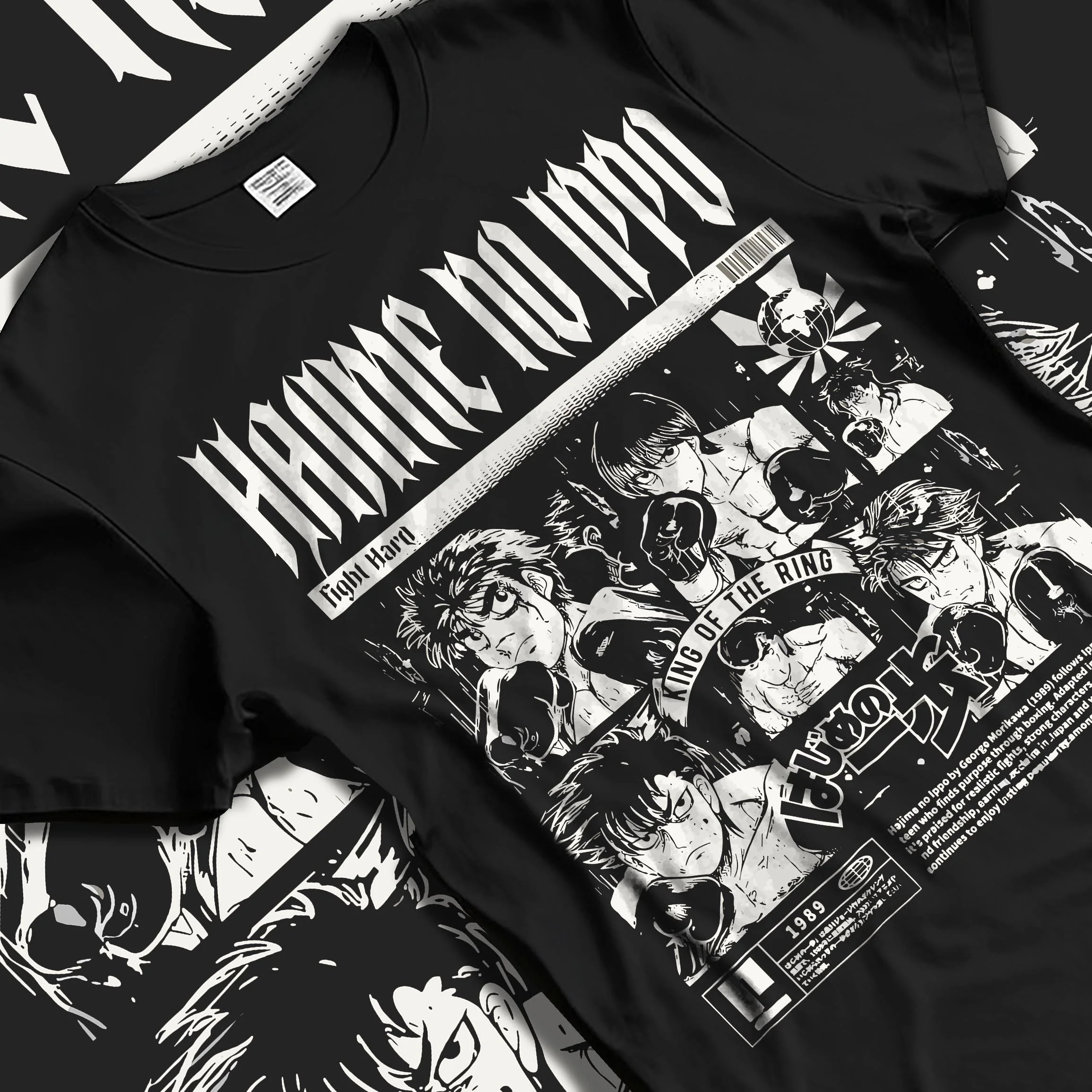 Black T-shirt laid flat with natural folds with Hajime no Ippo Hoodie Ippo Makunouchi Champion Jumper graphic streetwear graphic.