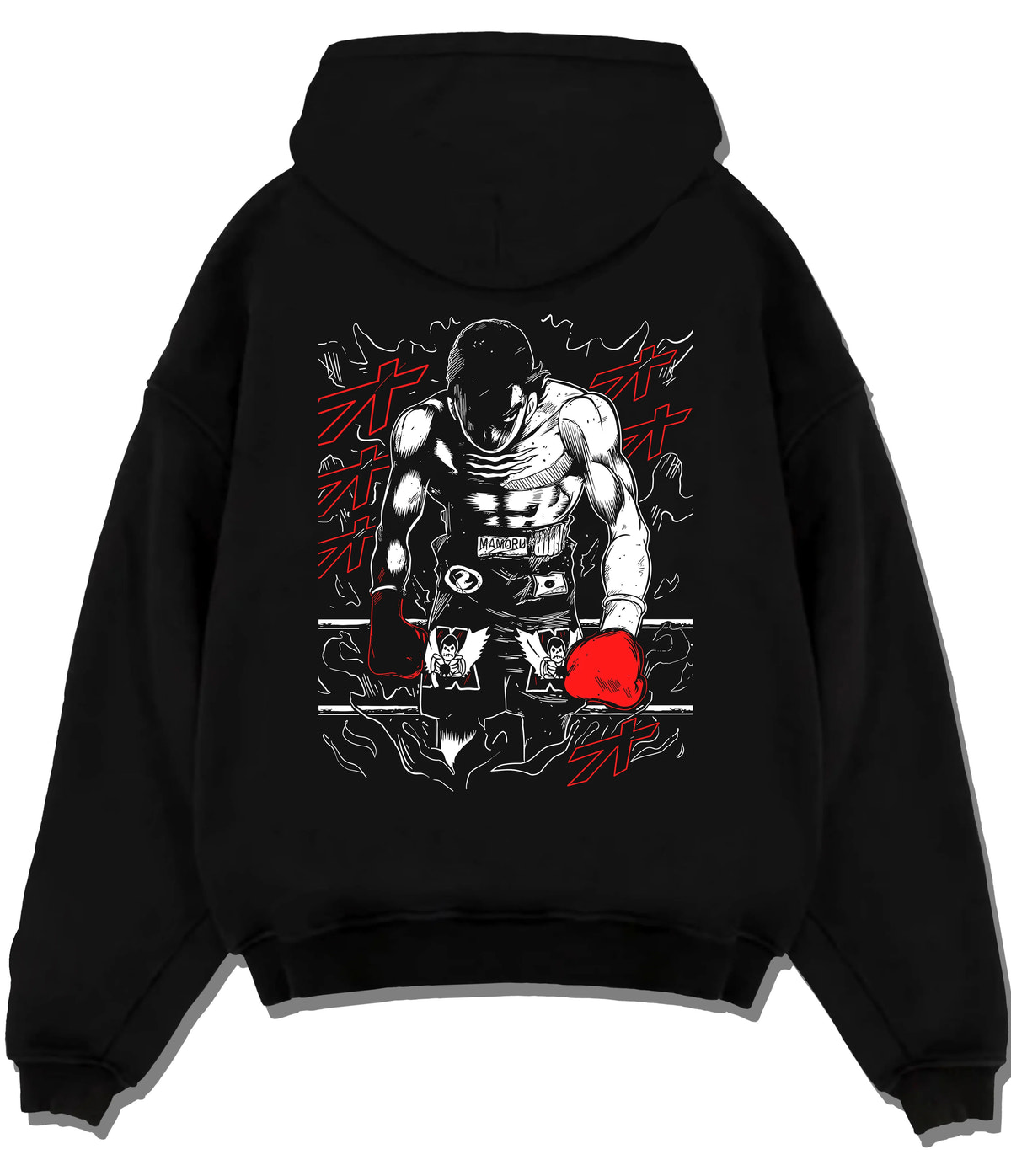 Black hoodie flat back view showing Ippo Makunouchi from Hajime no Ippo: boxing training poster