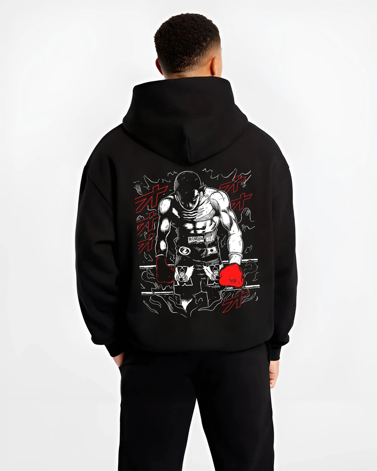 Black hoodie model back view showing Ippo Makunouchi from Hajime no Ippo: boxing training poster
