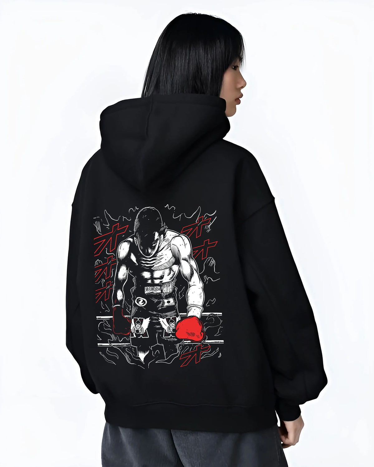 Black hoodie female model back view showing Ippo Makunouchi from Hajime no Ippo: boxing training poster