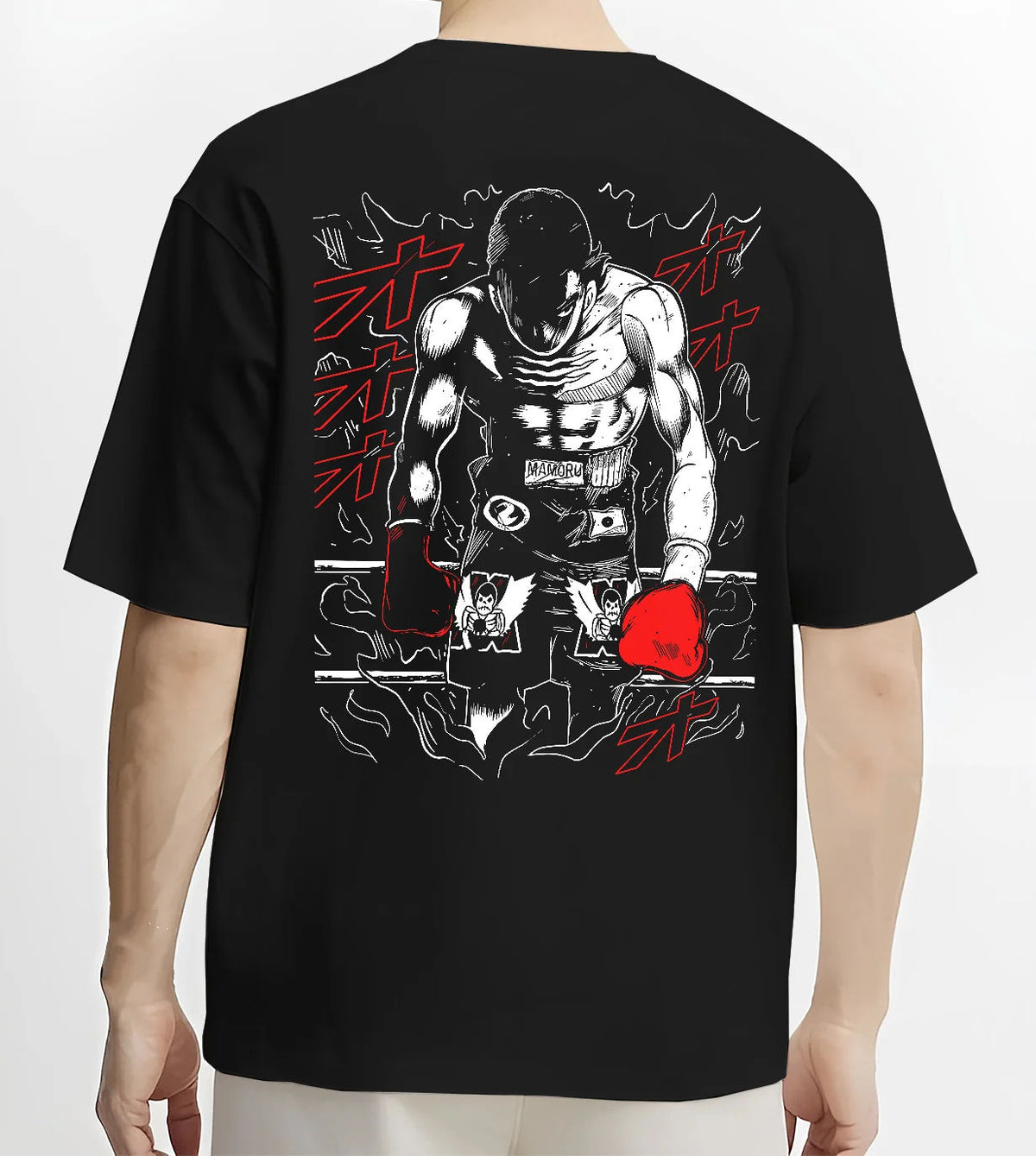 Black T-shirt model back view showing Ippo Makunouchi from Hajime no Ippo: boxing training poster