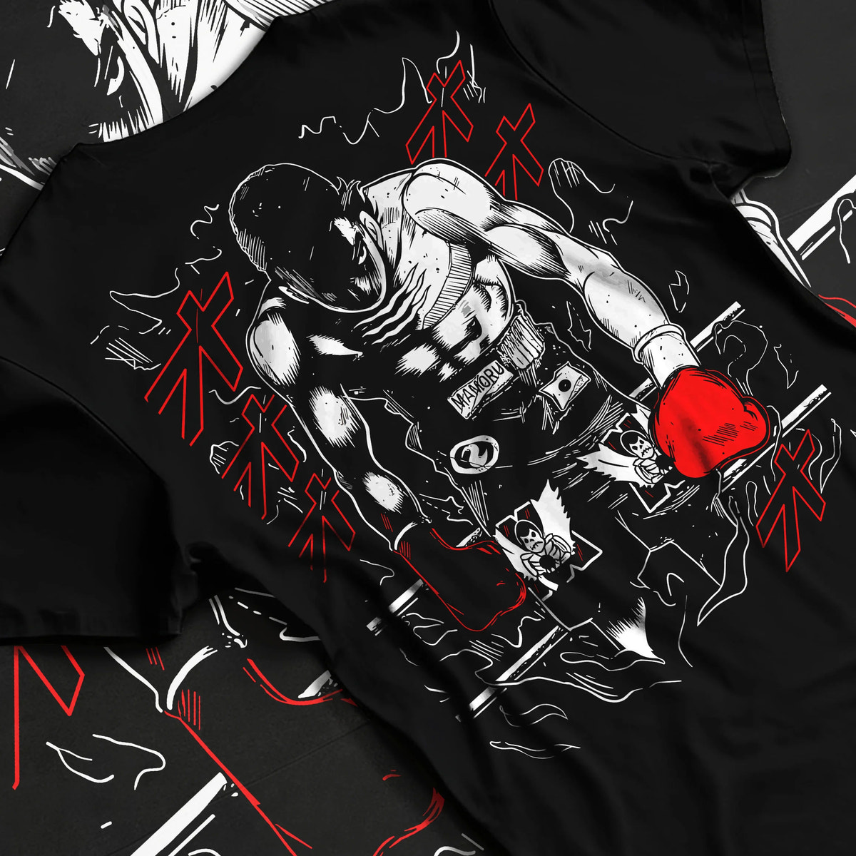 Black T-shirt flat back view showing Ippo Makunouchi from Hajime no Ippo: boxing training poster