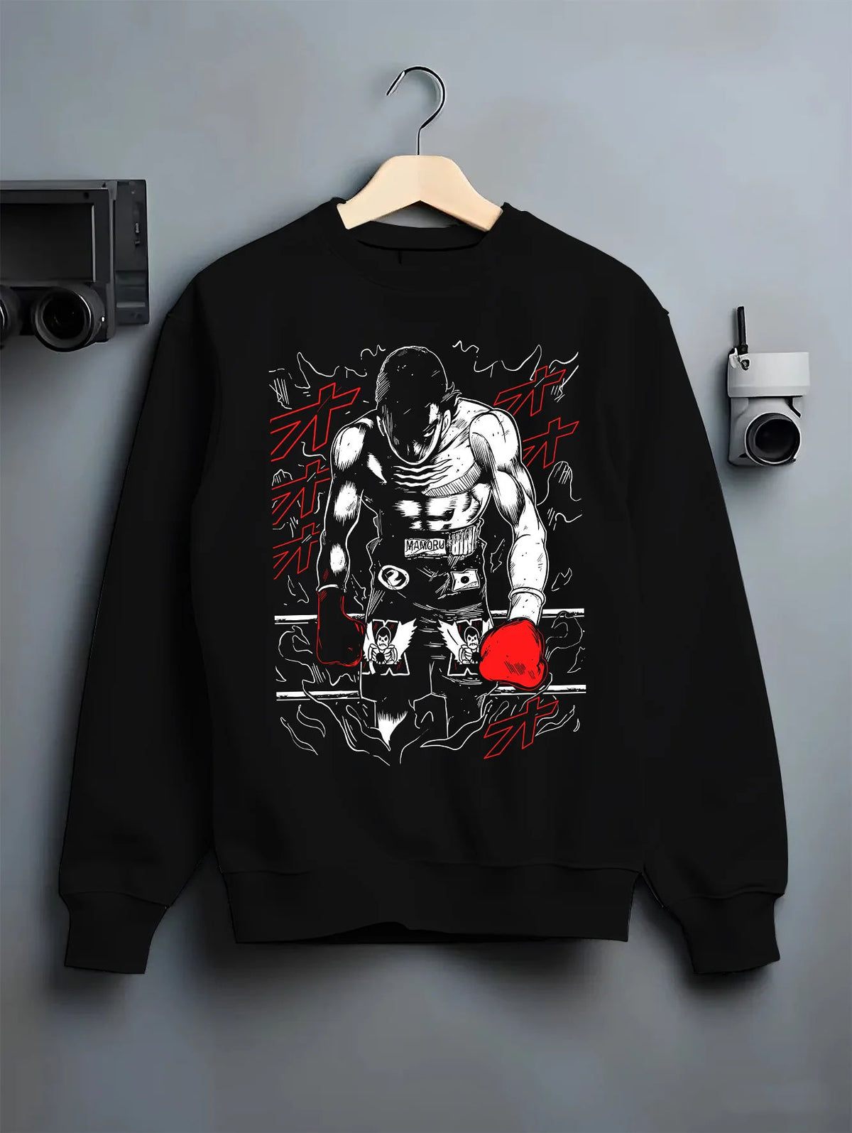 Black crewneck sweatshirt on hanger showing Ippo Makunouchi from Hajime no Ippo: boxing training poster