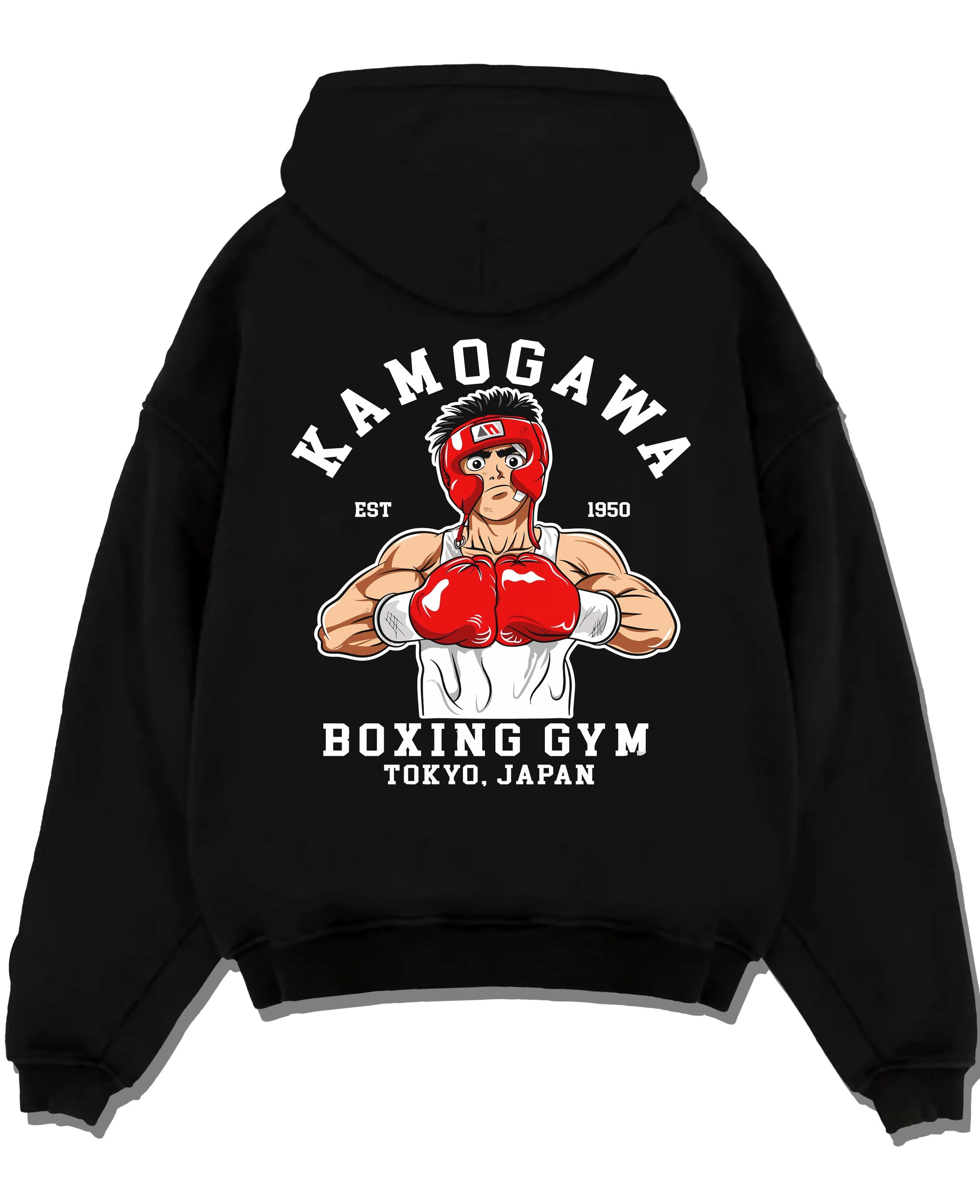 Black pullover hoodie laid flat with Hajime no Ippo Hoodie Ippo Makunouchi Ring Jumper graphic bold anime graphic.