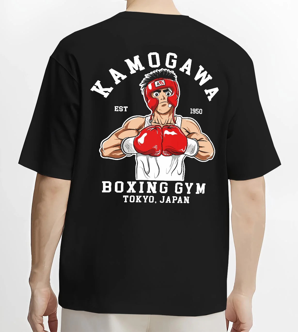 Black T-shirt worn by male model, back view with Hajime no Ippo Hoodie Ippo Makunouchi Ring Jumper graphic streetwear graphic.