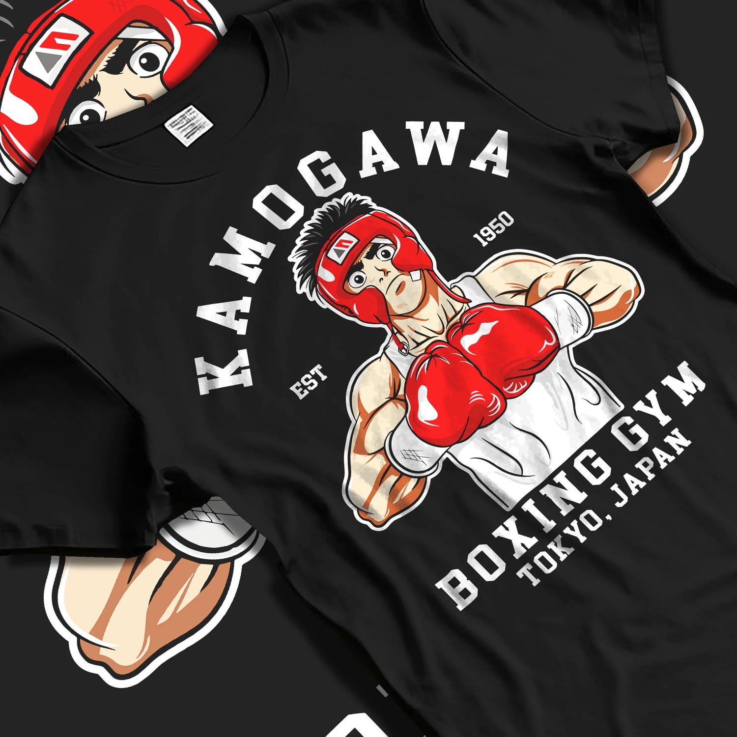 Black T-shirt laid flat with natural folds with Hajime no Ippo Hoodie Ippo Makunouchi Ring Jumper graphic streetwear graphic.