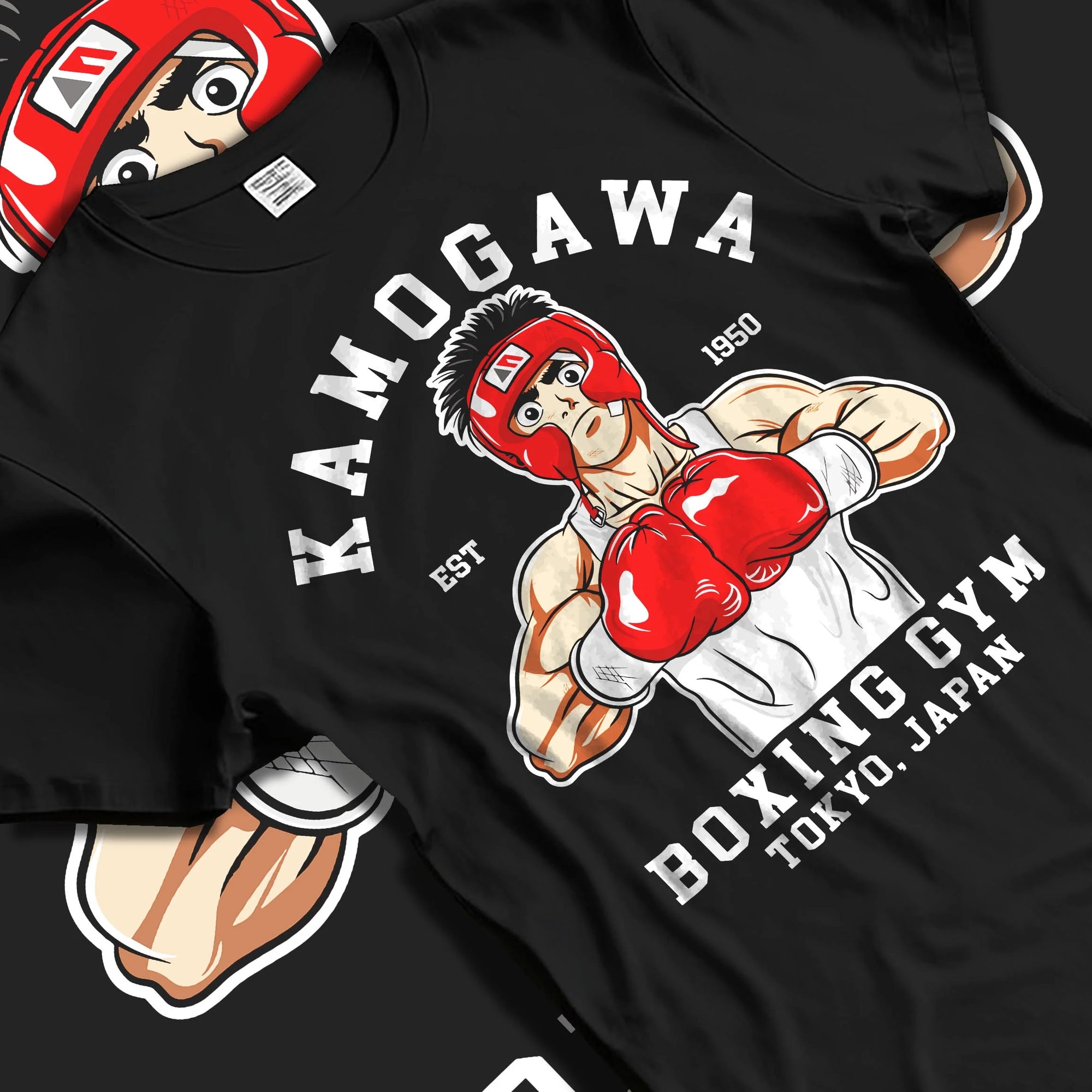 Black T-shirt laid flat with natural folds with Hajime no Ippo Hoodie Ippo Makunouchi Ring Jumper graphic streetwear graphic.