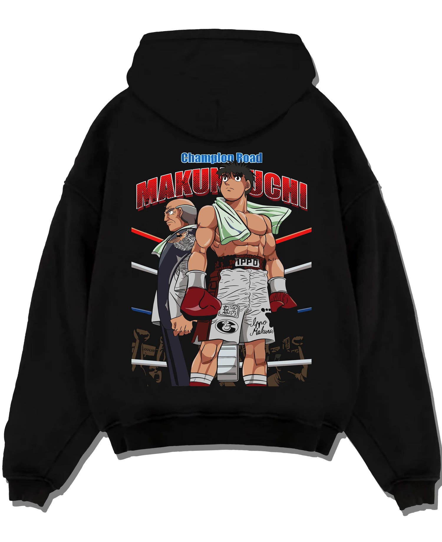 Black pullover hoodie laid flat with Hajime no Ippo Hoodie Ippo Makunouchi Training Jumper graphic bold anime graphic.