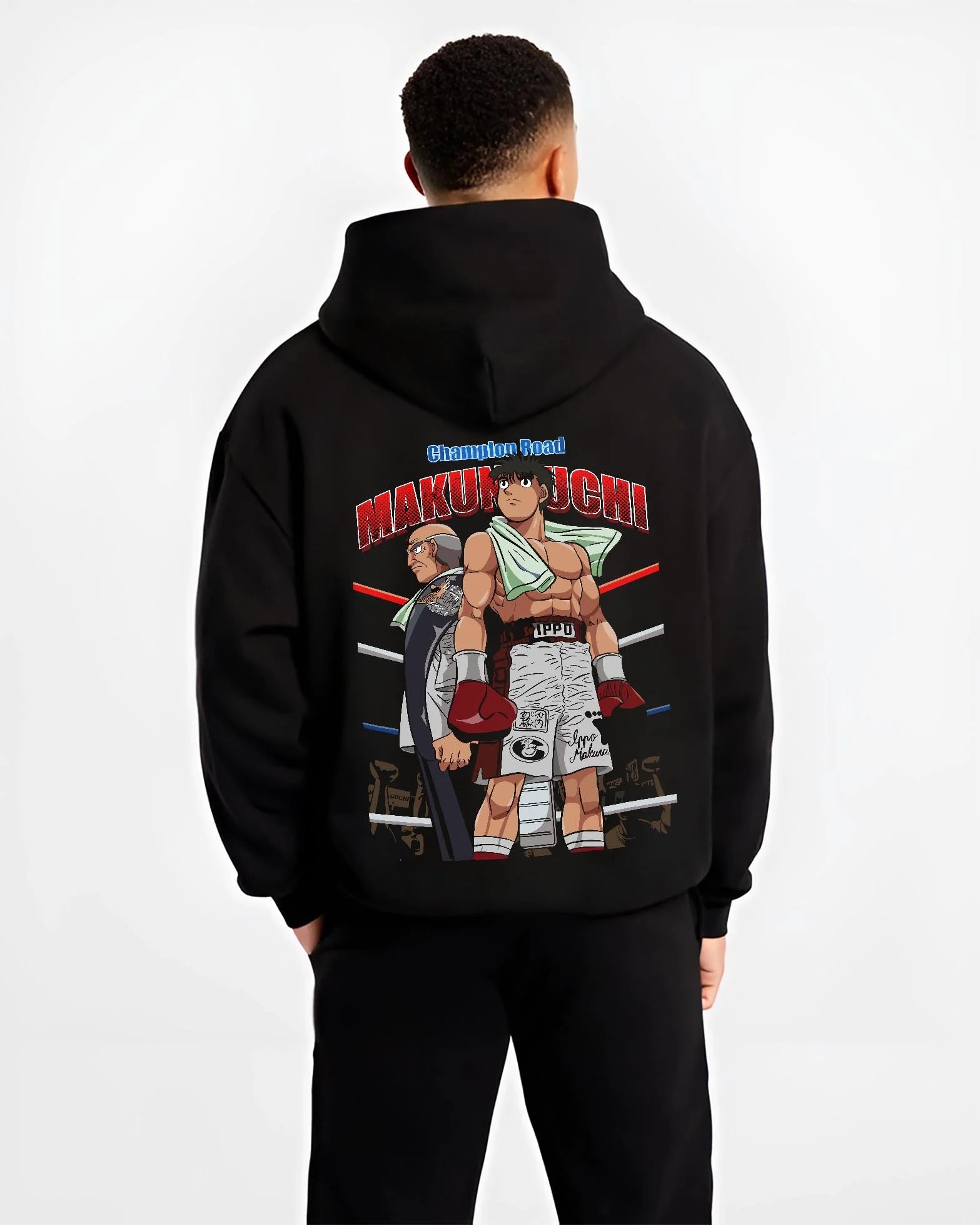 Black hoodie worn by male model, back view with Hajime no Ippo Hoodie Ippo Makunouchi Training Jumper graphic premium wear.