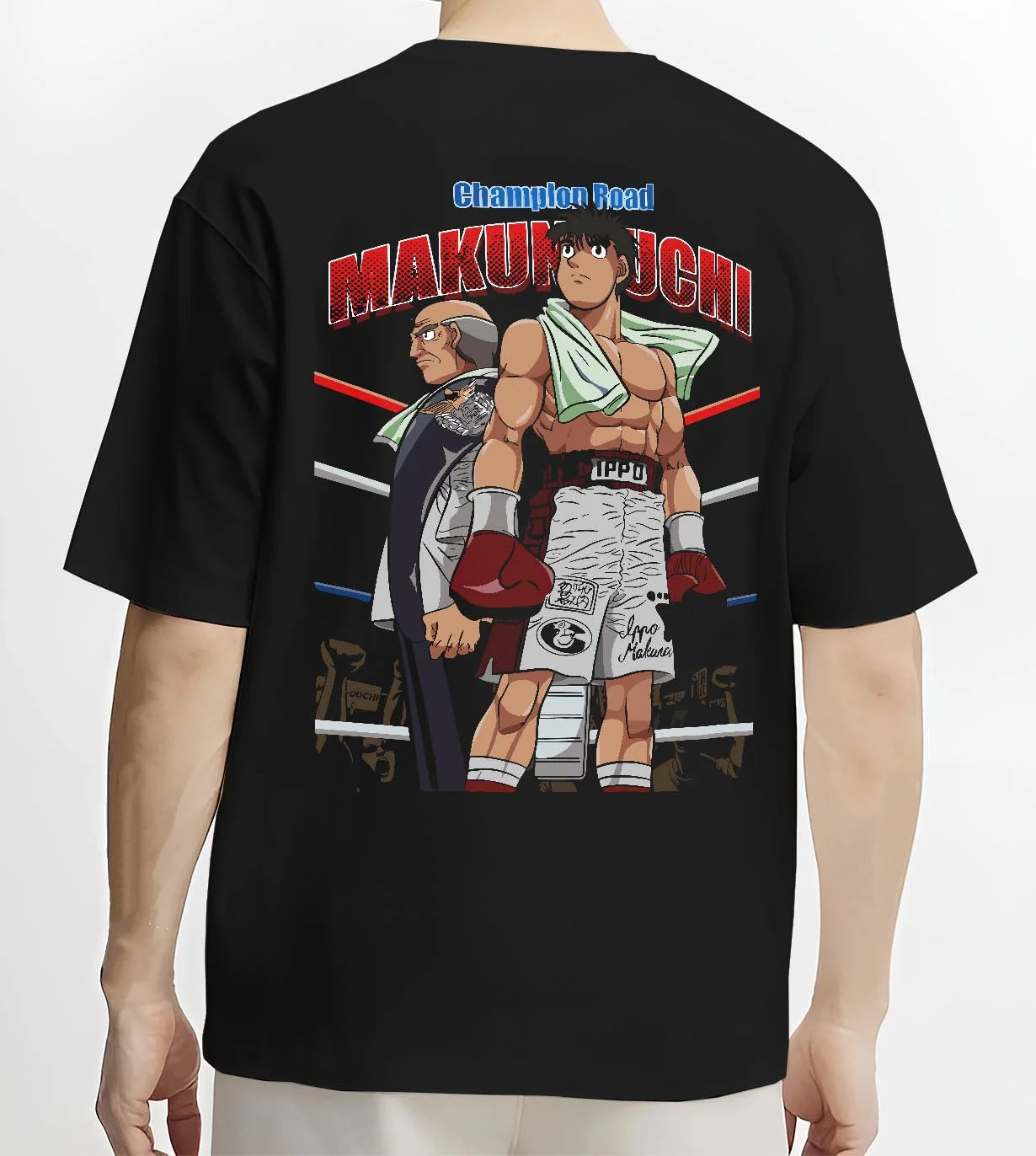 Black T-shirt worn by male model, back view with Hajime no Ippo Hoodie Ippo Makunouchi Training Jumper graphic bold anime graphic.