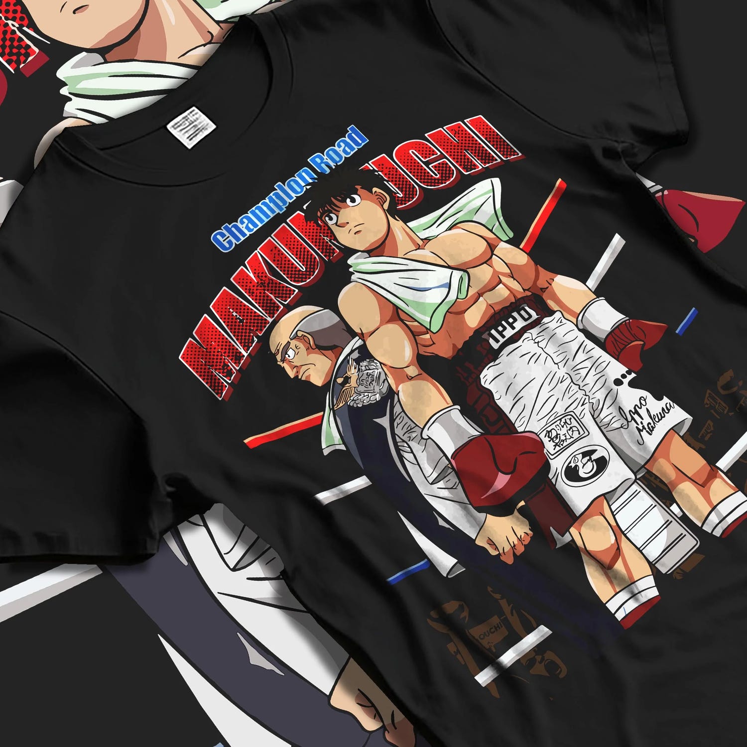 Black T-shirt laid flat with natural folds with Hajime no Ippo Hoodie Ippo Makunouchi Training Jumper graphic streetwear graphic.