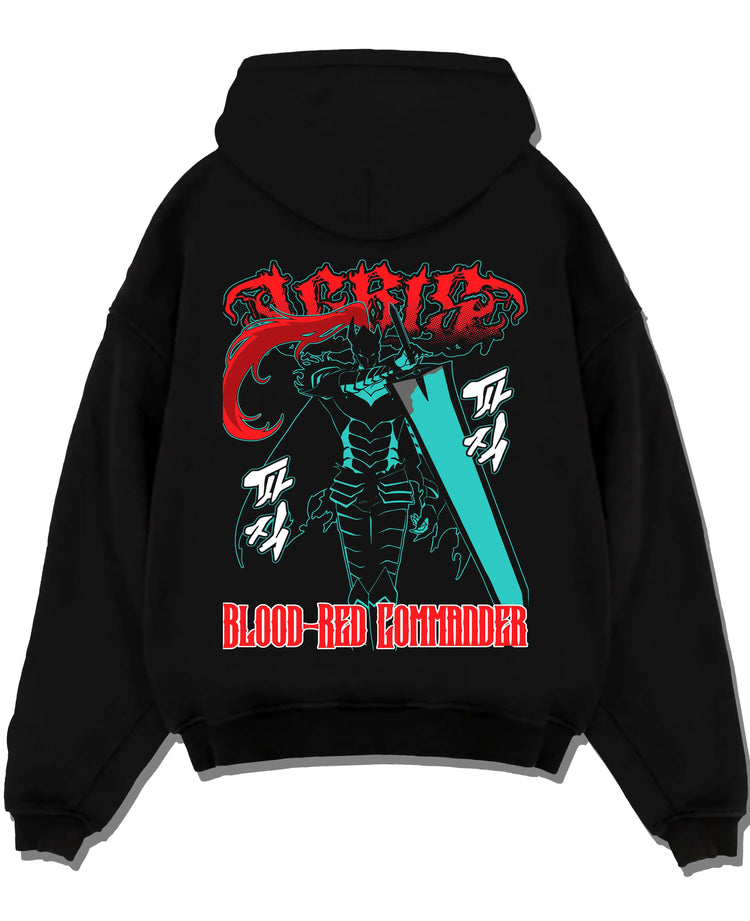 Black hoodie laid flat featuring Igris Blood Red Commander knight artwork.