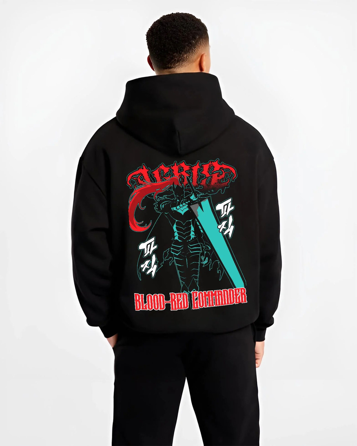 Black hoodie worn by male model from the back featuring Igris Blood Red Commander knight artwork.