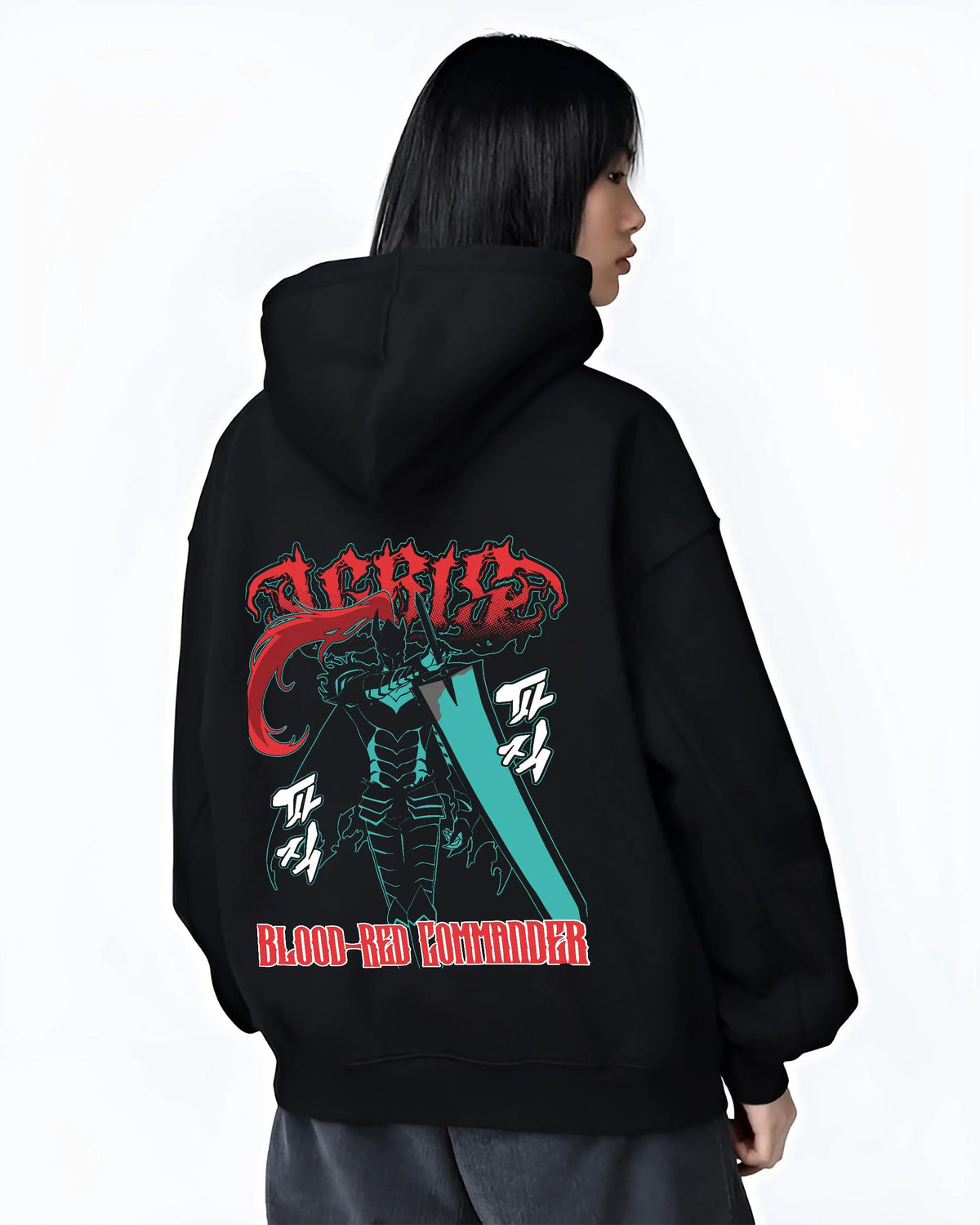 Black hoodie worn by female model from the back featuring Igris Blood Red Commander knight artwork.