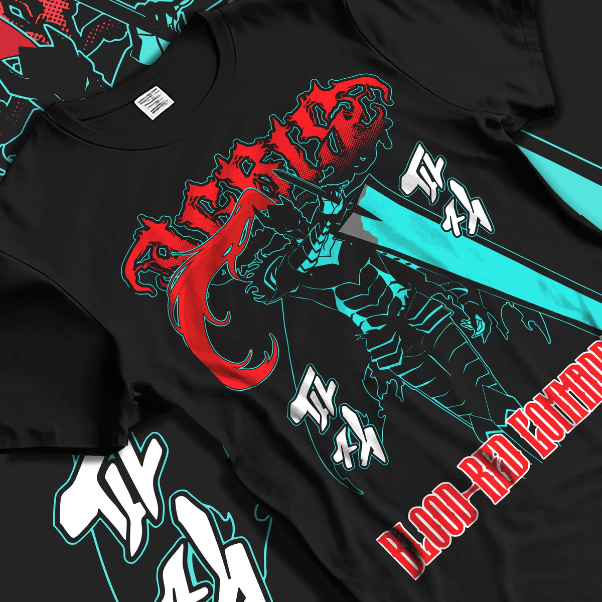 Black T-shirt laid flat with natural folds featuring Igris Blood Red Commander knight artwork.