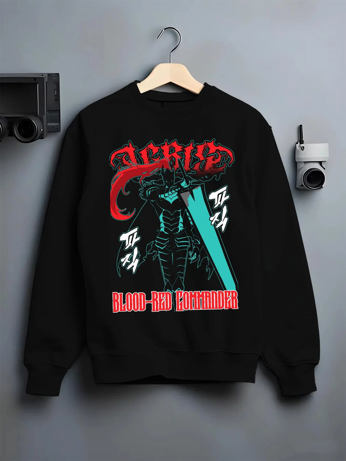 Black crewneck sweatshirt on hanger featuring Igris Blood Red Commander knight artwork.