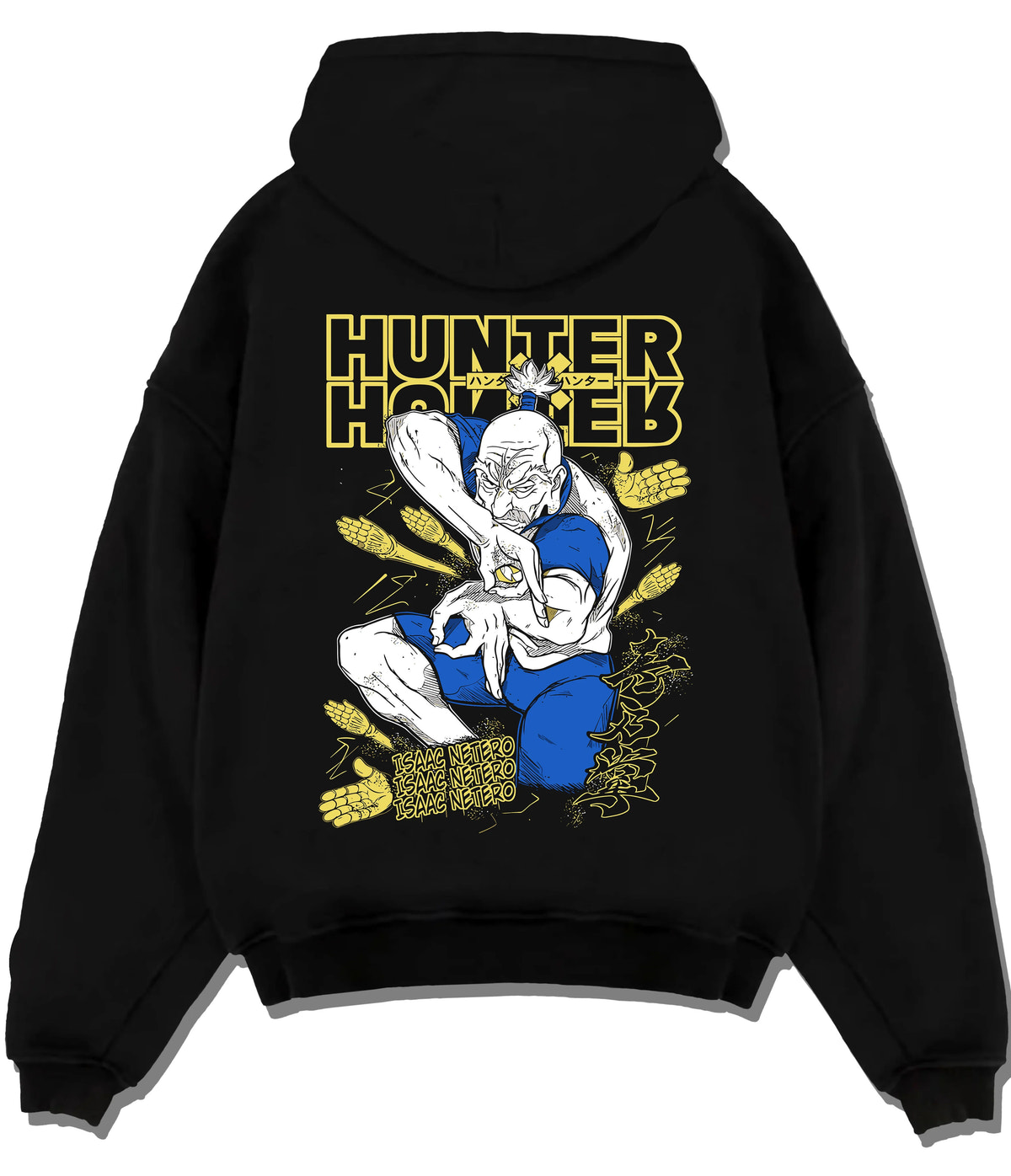 Black hoodie flat back view showing Isaac Netero from Hunter x Hunter: praying Hunter x Hunter portrait