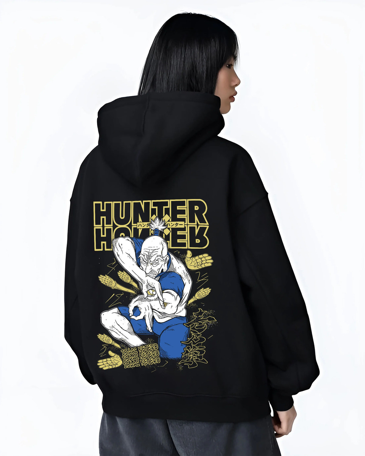 Black hoodie female model back view showing Isaac Netero from Hunter x Hunter: praying Hunter x Hunter portrait