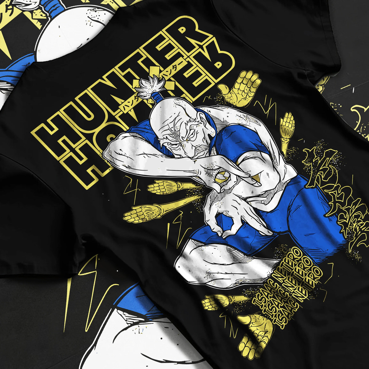Black T-shirt flat back view showing Isaac Netero from Hunter x Hunter: praying Hunter x Hunter portrait
