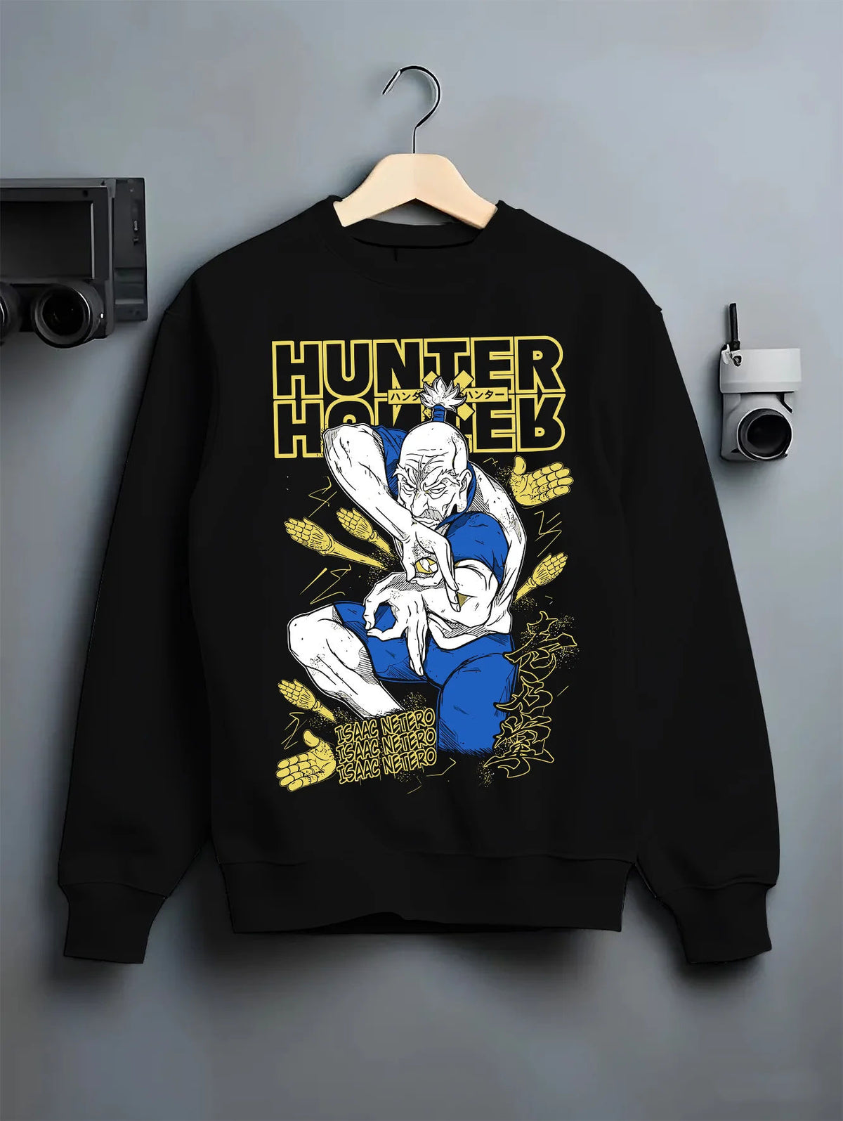 Black crewneck sweatshirt on hanger showing Isaac Netero from Hunter x Hunter: praying Hunter x Hunter portrait