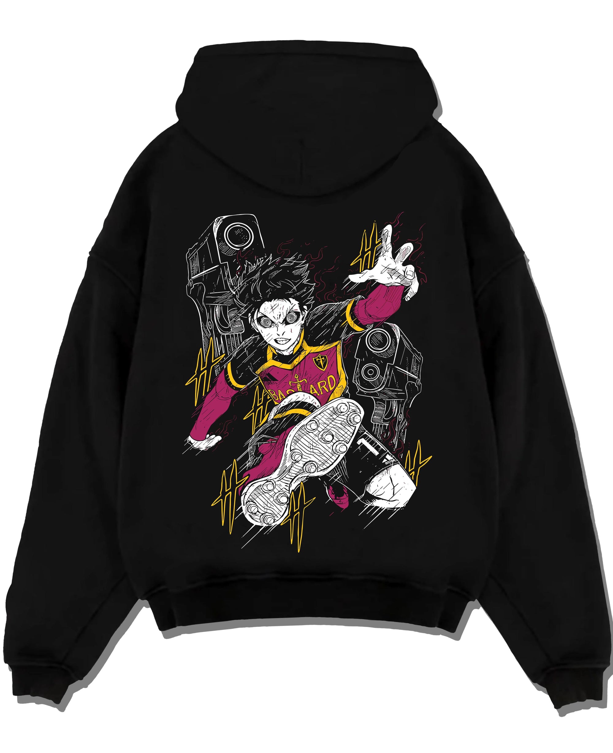 Black pullover hoodie laid flat with Isagi Hoodie Blue Lock Striker Football Forward Play graphic premium wear.