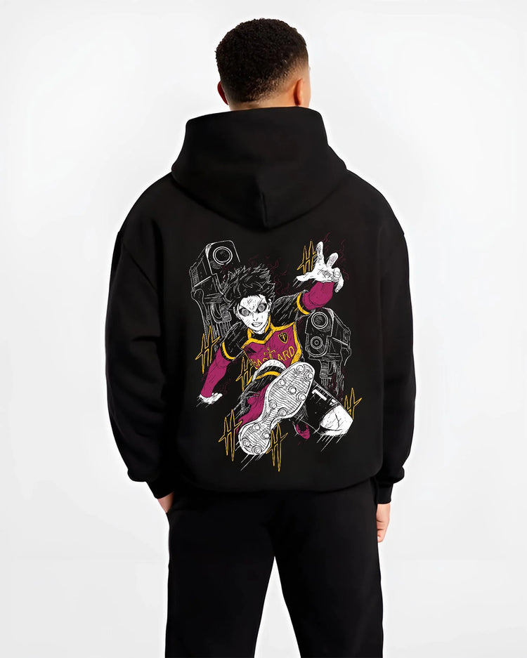 Black hoodie worn by male model, back view with Isagi Hoodie Blue Lock Striker Football Forward Play graphic streetwear graphic.