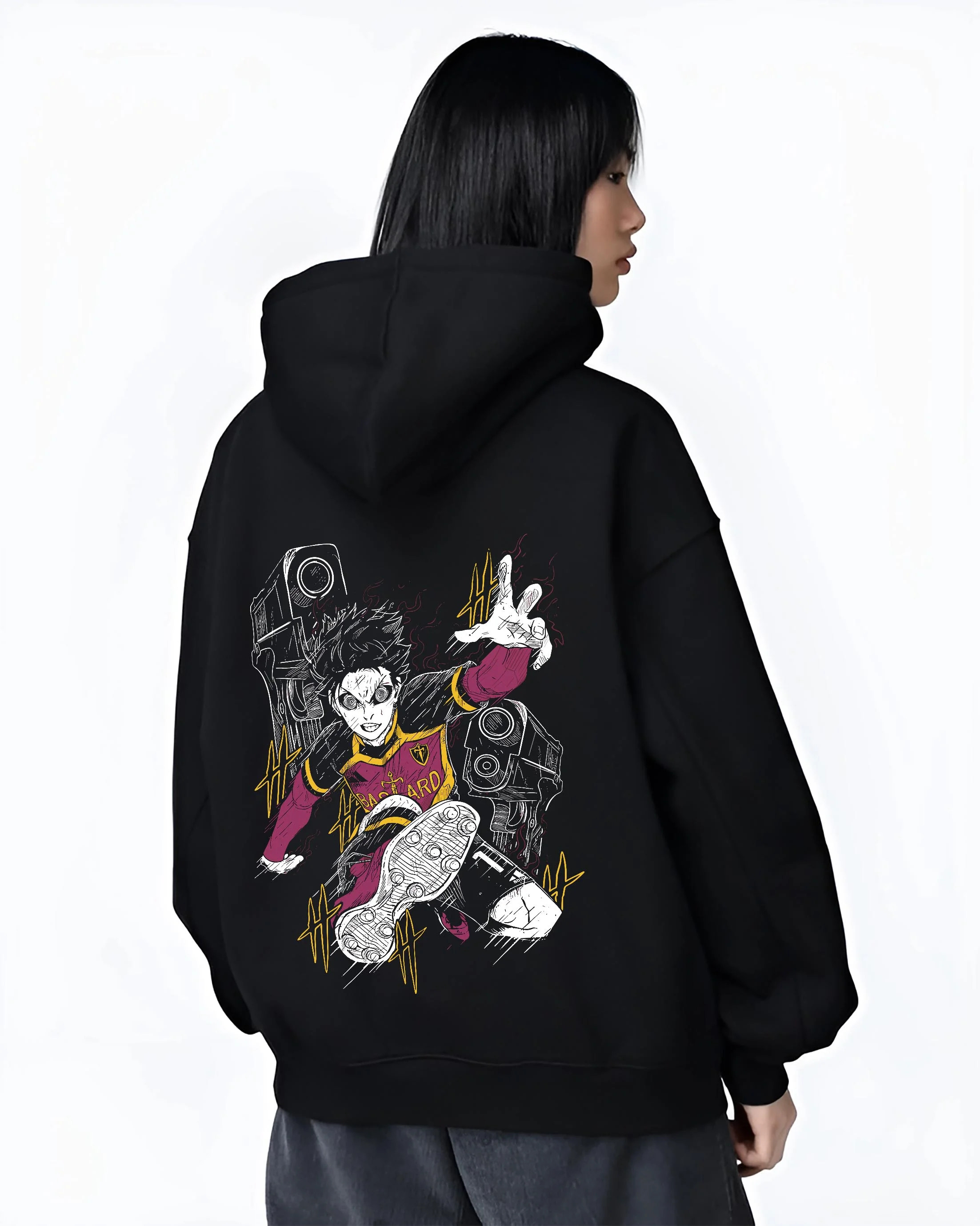 Black hoodie worn by female model, back view with Isagi Hoodie Blue Lock Striker Football Forward Play graphic streetwear graphic.