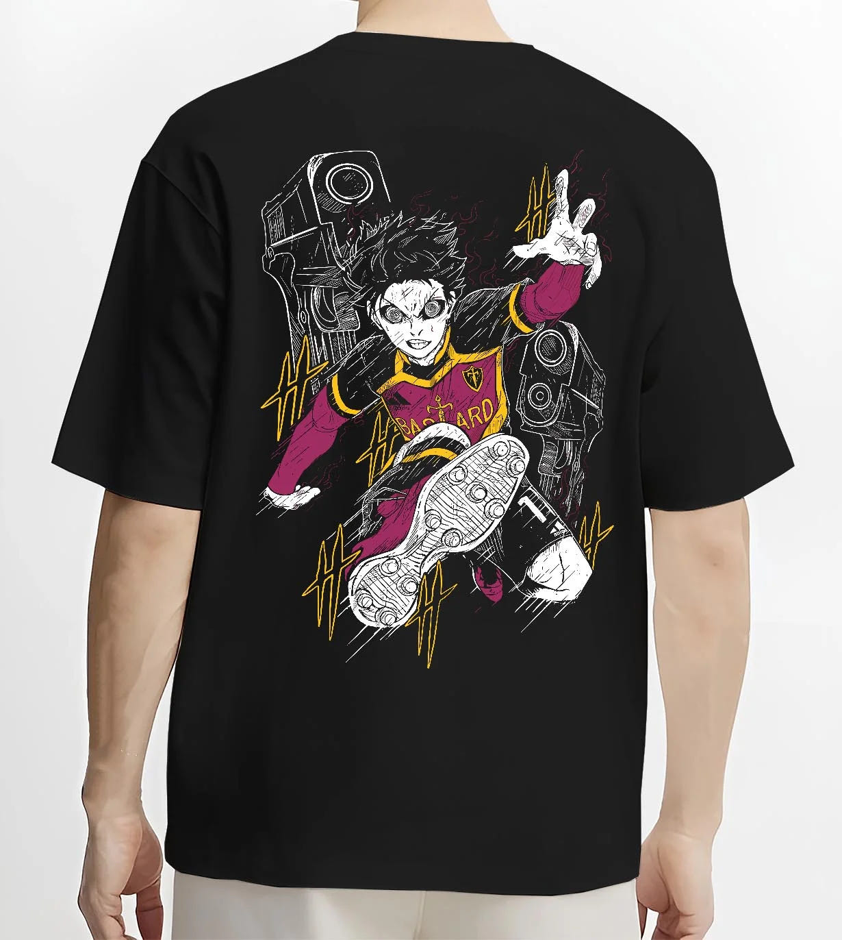 Black T-shirt worn by male model, back view with Isagi Hoodie Blue Lock Striker Football Forward Play graphic premium wear.