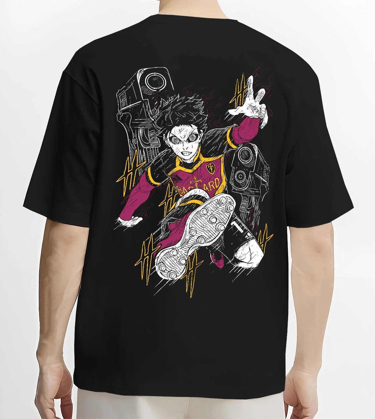 Black T-shirt worn by male model, back view with Isagi Hoodie Blue Lock Striker Football Forward Play graphic premium wear.