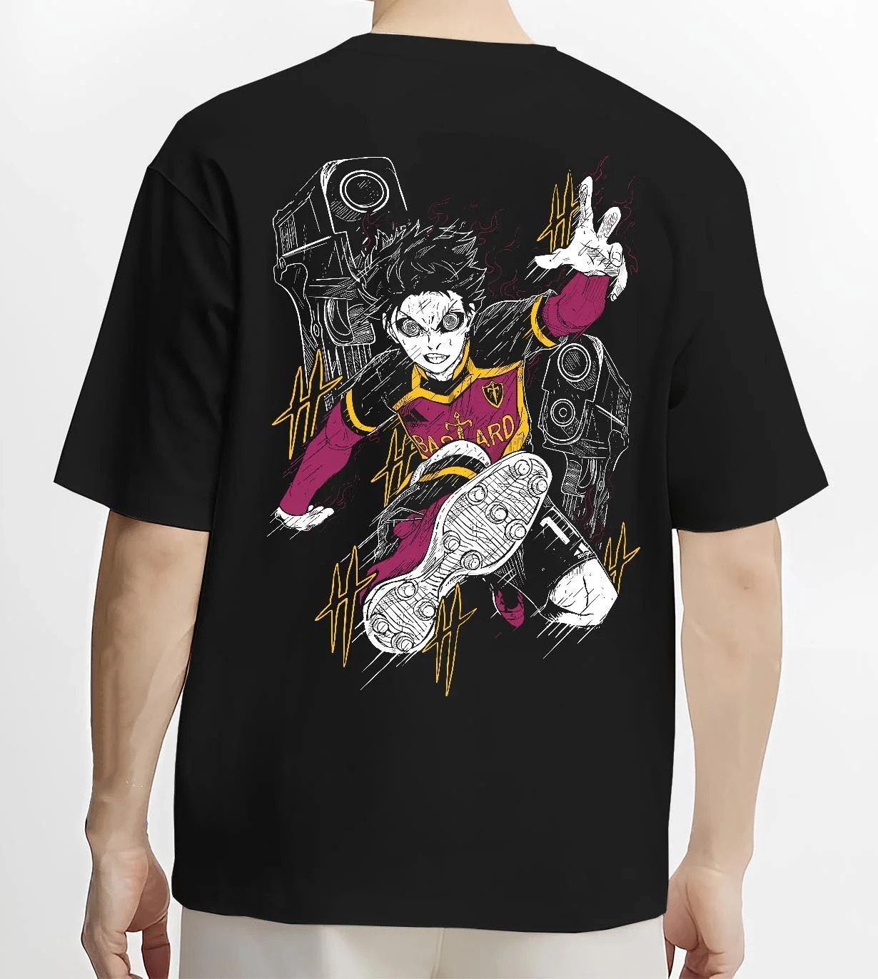 Black T-shirt worn by male model, back view with Isagi Hoodie Blue Lock Striker Football Forward Play graphic premium wear.