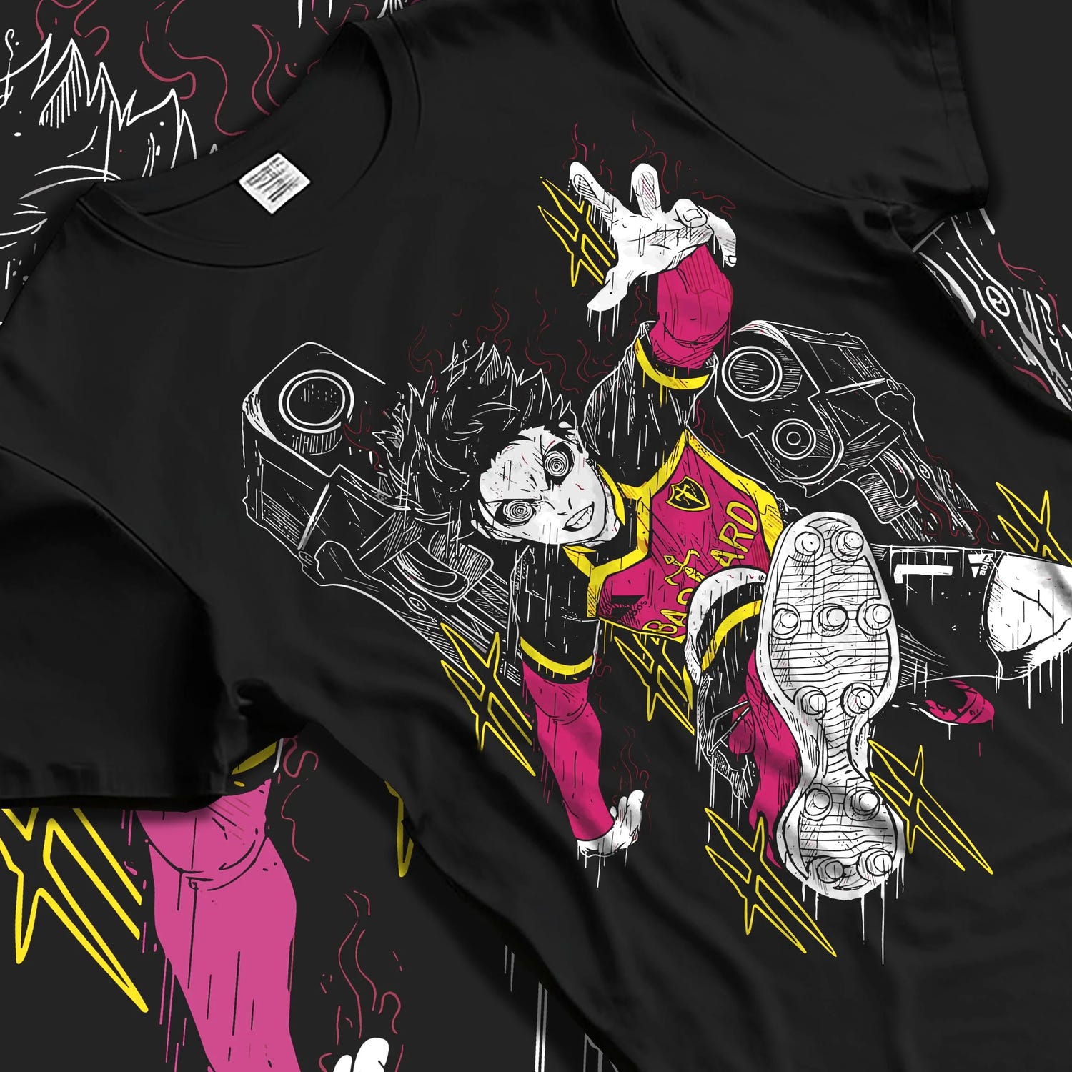 Black T-shirt laid flat with natural folds with Isagi Hoodie Blue Lock Striker Football Forward Play graphic bold anime graphic.