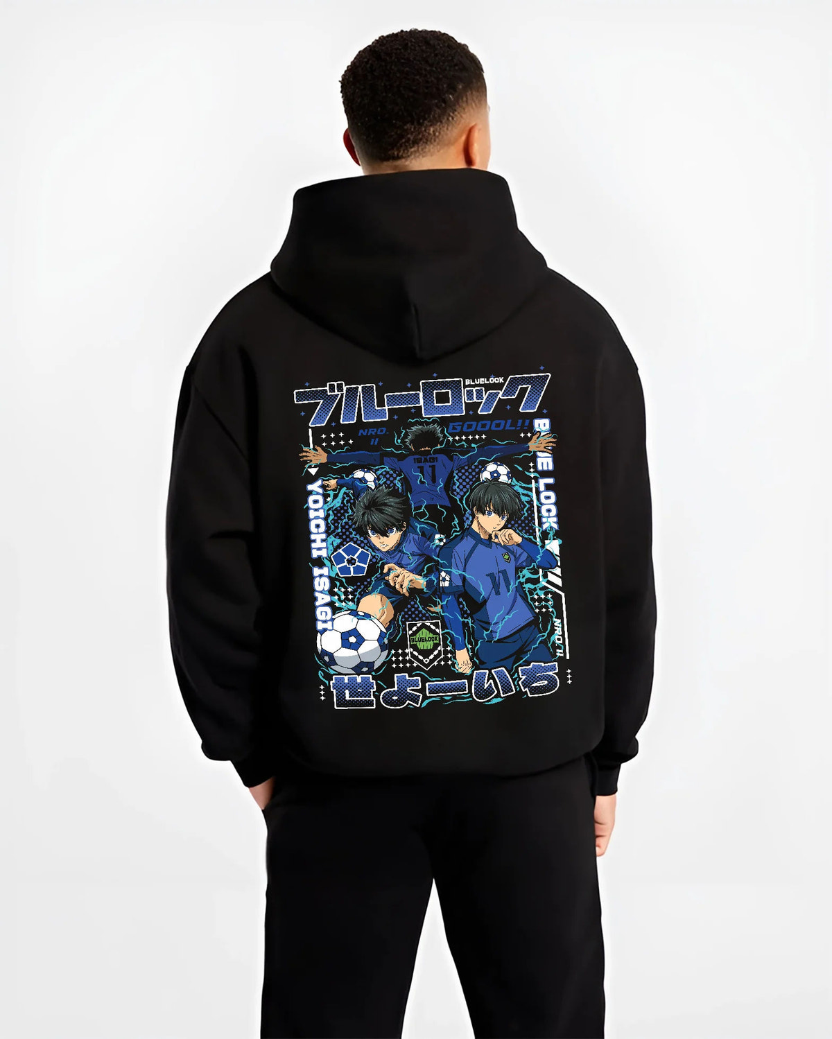 Black hoodie model back view showing Blue Lock: Isagi Yoichi and another player
