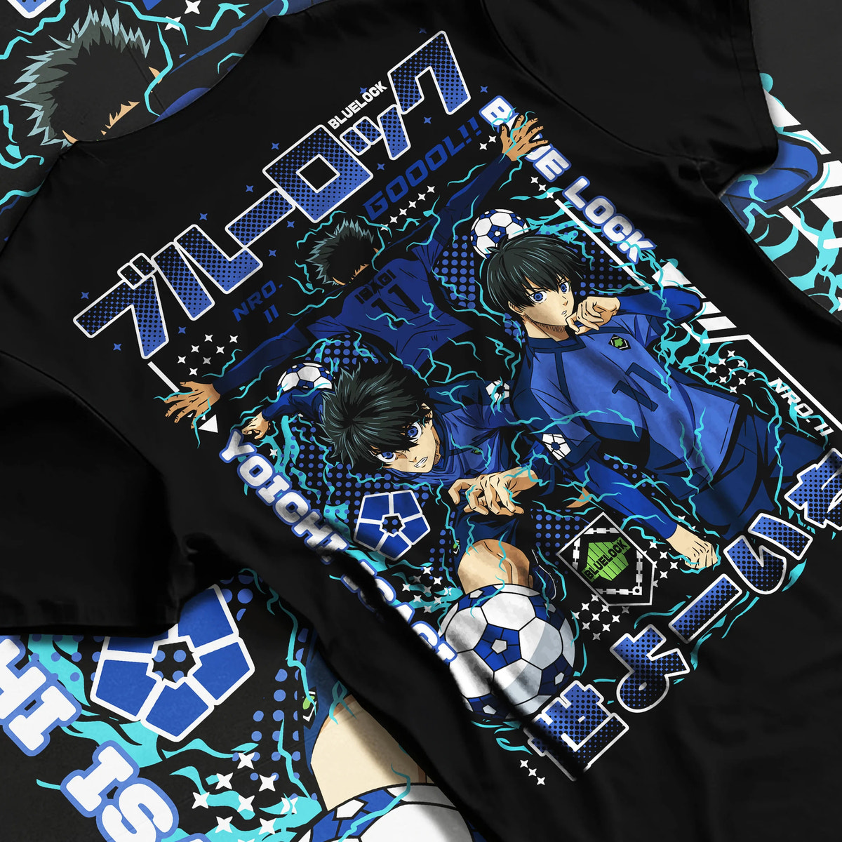 Black T-shirt flat back view showing Blue Lock: Isagi Yoichi and another player
