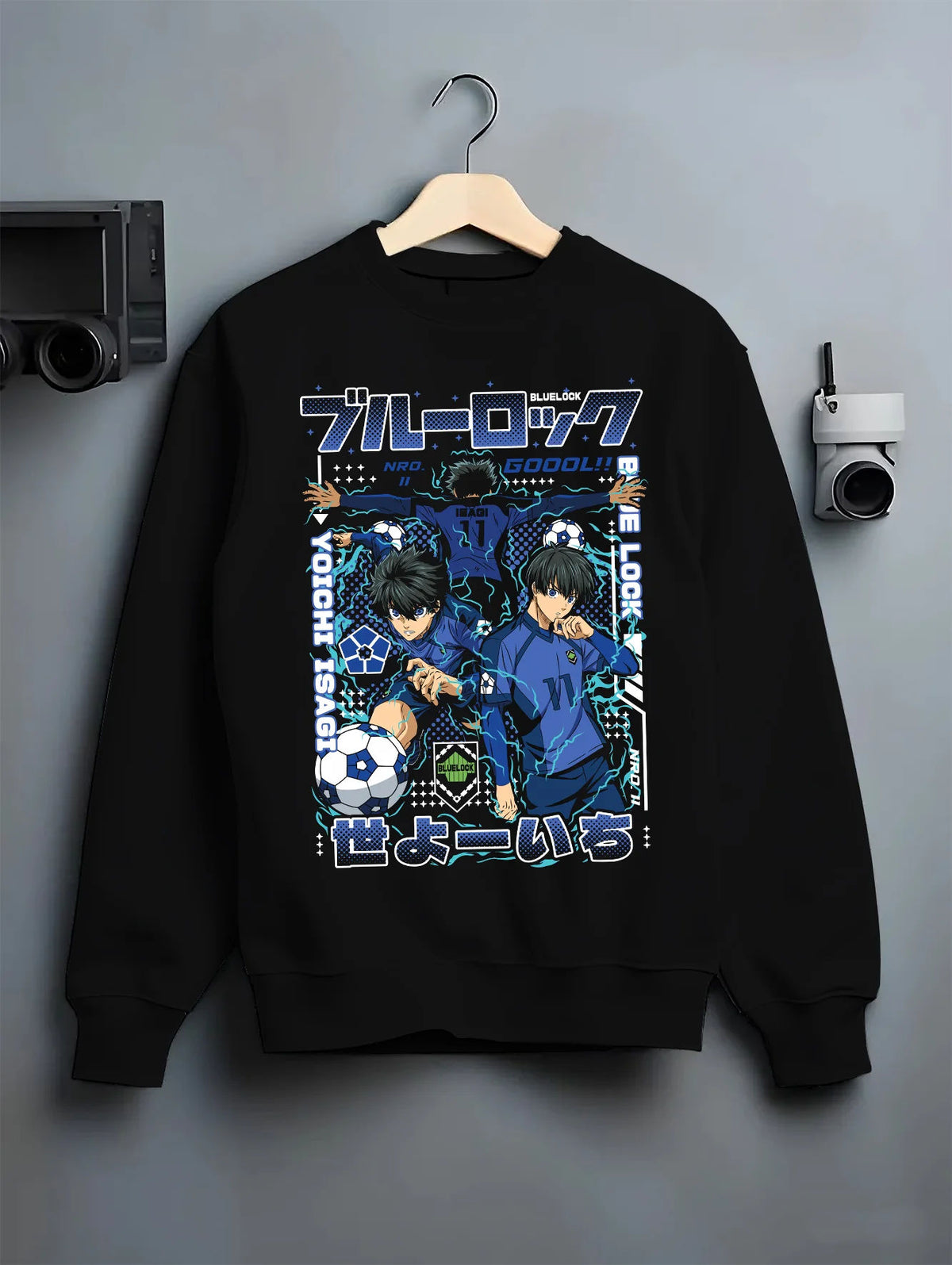 Black crewneck sweatshirt on hanger showing Blue Lock: Isagi Yoichi and another player