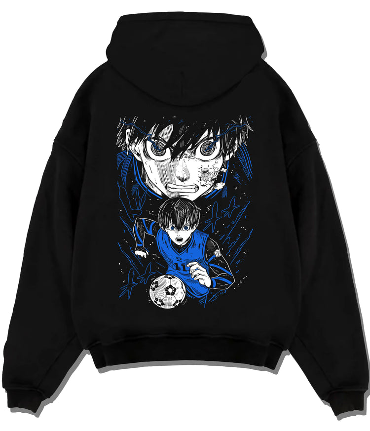 Black hoodie flat back view showing Isagi Yoichi from Blue Lock: Blue Lock footballer close-up