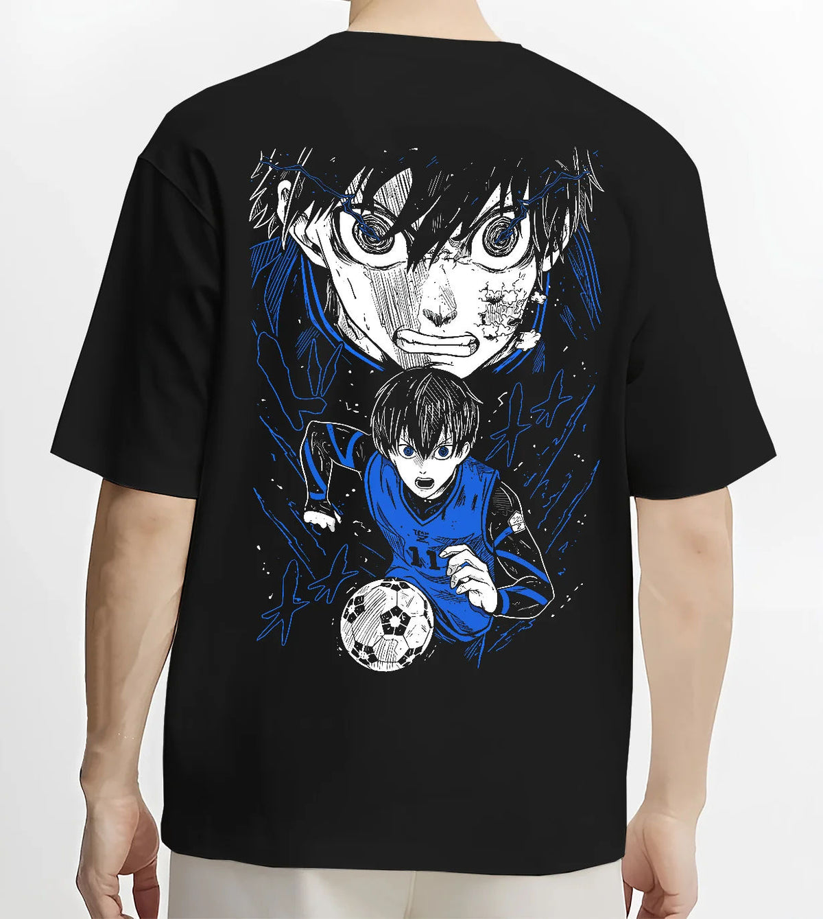 Black T-shirt model back view showing Isagi Yoichi from Blue Lock: Blue Lock footballer close-up
