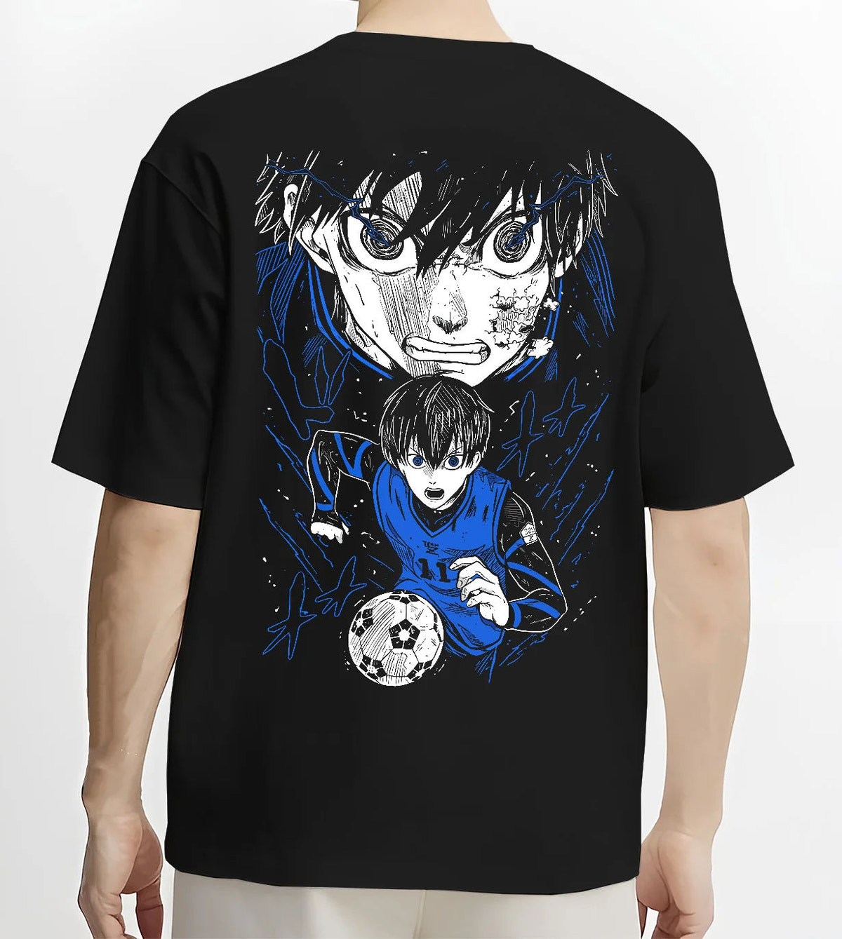Black T-shirt model back view showing Isagi Yoichi from Blue Lock: Blue Lock footballer close-up