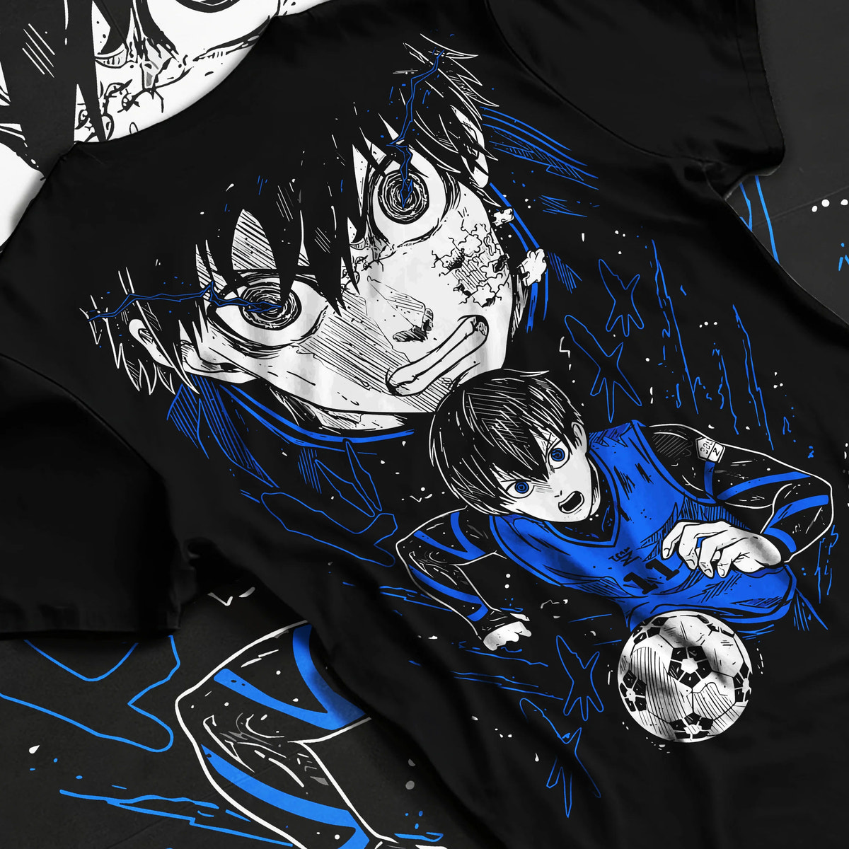 Black T-shirt flat back view showing Isagi Yoichi from Blue Lock: Blue Lock footballer close-up