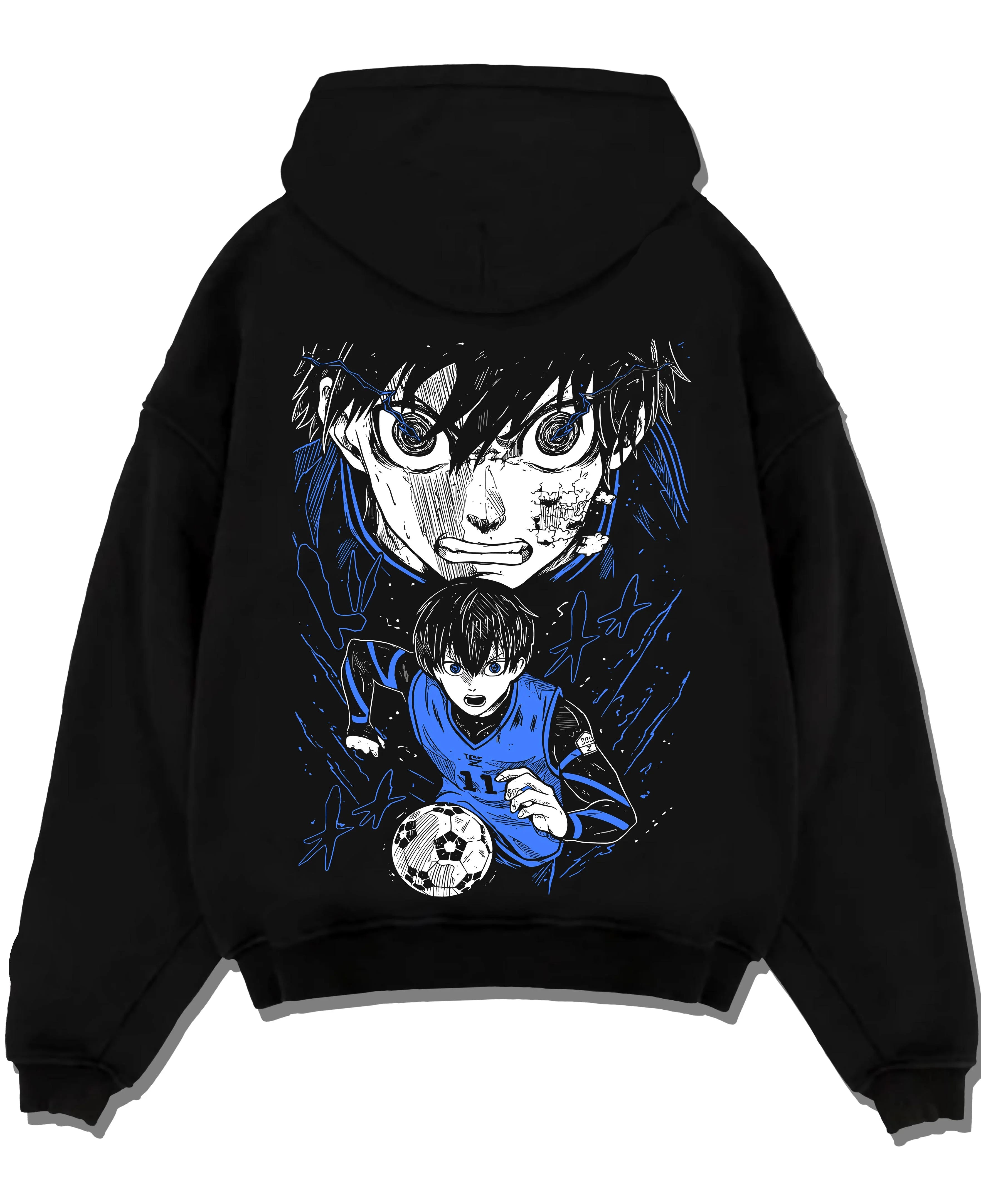 Black pullover hoodie laid flat with Blue Lock Hoodie Isagi Yoichi Intense Stare Jumper graphic bold anime graphic.
