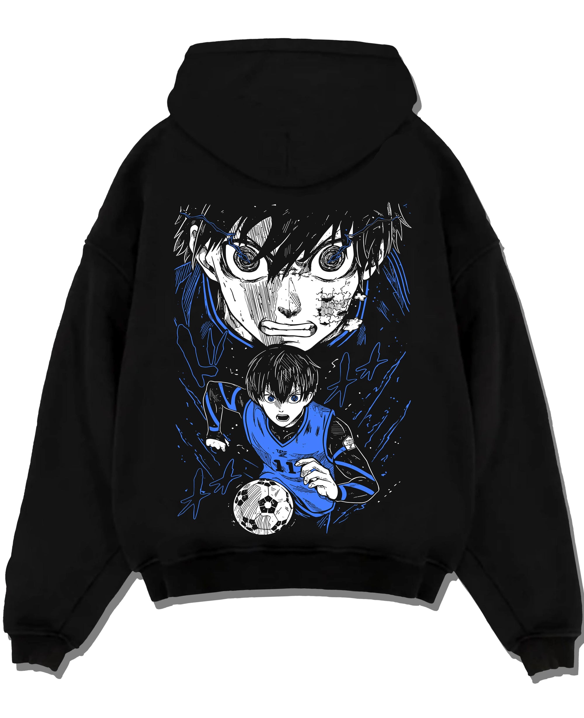 Black pullover hoodie laid flat with Blue Lock Hoodie Isagi Yoichi Intense Stare Jumper graphic bold anime graphic.