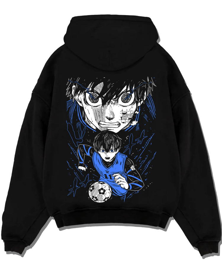 Black pullover hoodie laid flat with Blue Lock Hoodie Isagi Yoichi Intense Stare Jumper graphic bold anime graphic.
