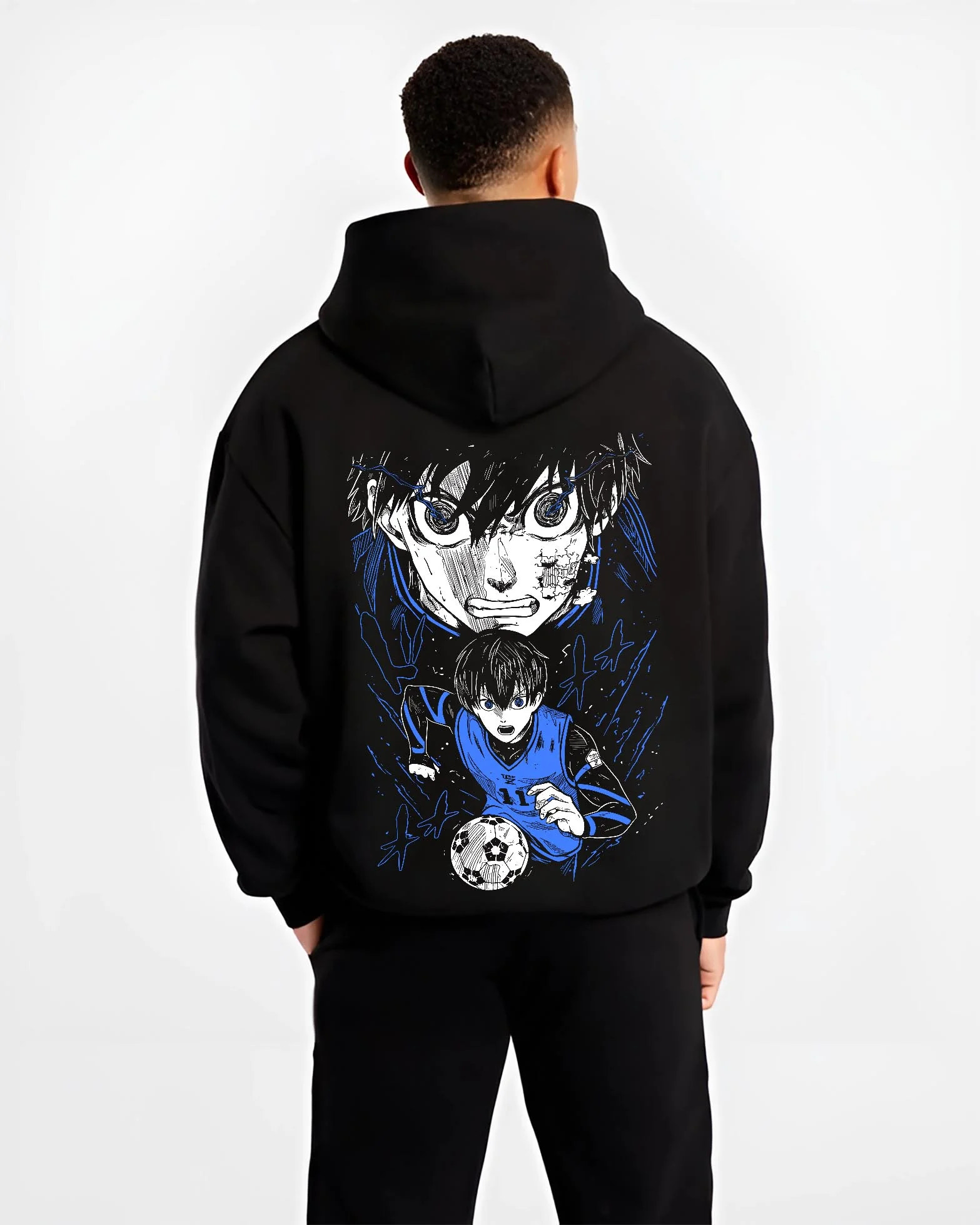 Black hoodie worn by male model, back view with Blue Lock Hoodie Isagi Yoichi Intense Stare Jumper graphic bold anime graphic.