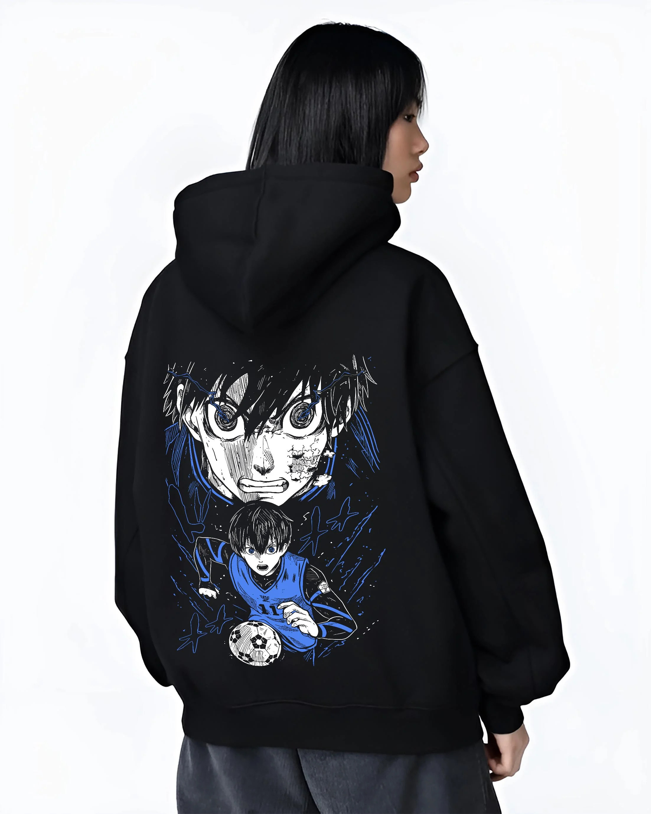 Black hoodie worn by female model, back view with Blue Lock Hoodie Isagi Yoichi Intense Stare Jumper graphic bold anime graphic.