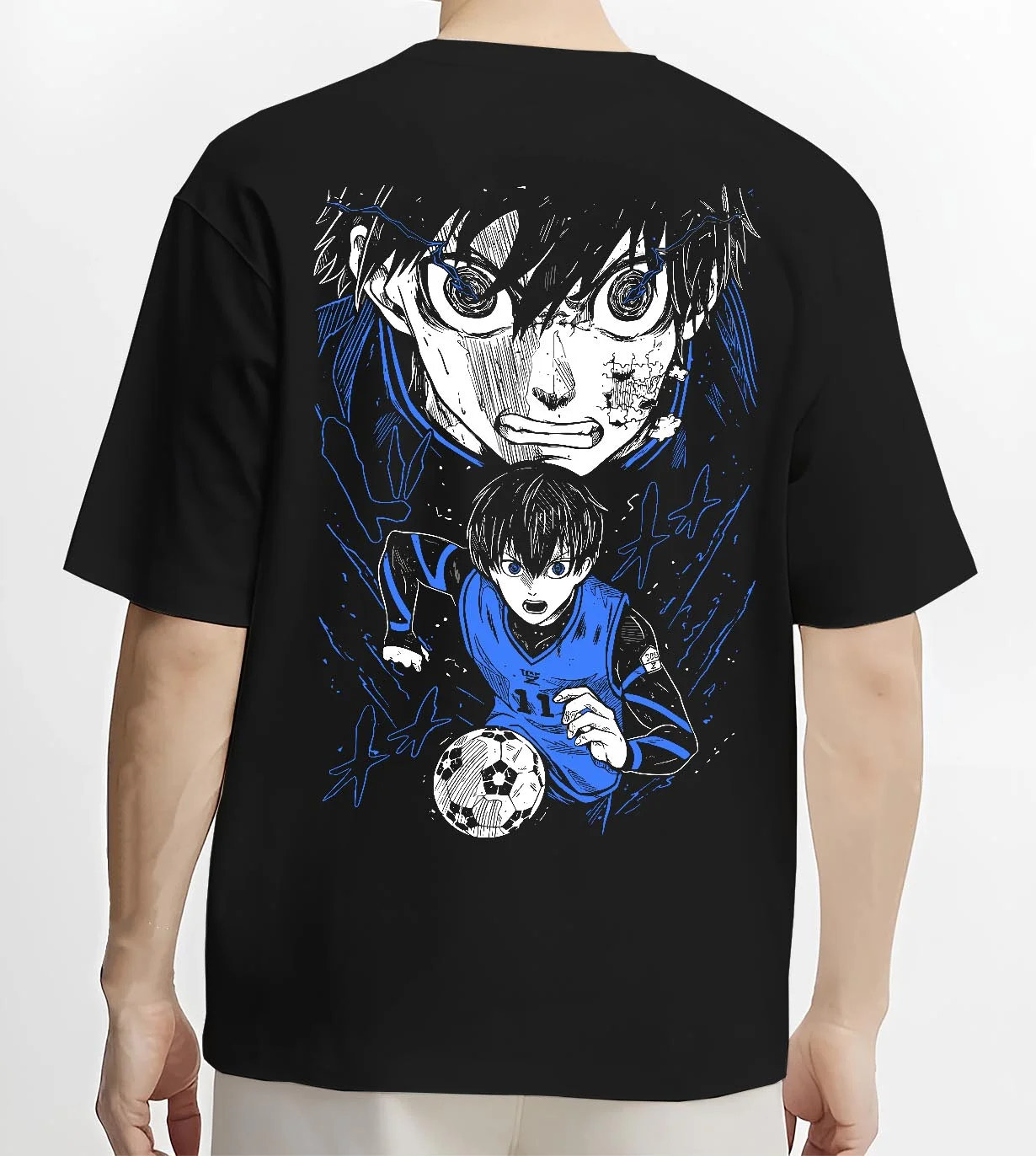 Black T-shirt worn by male model, back view with Blue Lock Hoodie Isagi Yoichi Intense Stare Jumper graphic premium wear.