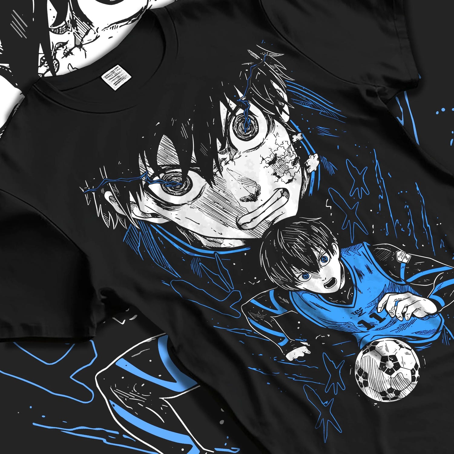 Black T-shirt laid flat with natural folds with Blue Lock Hoodie Isagi Yoichi Intense Stare Jumper graphic bold anime graphic.